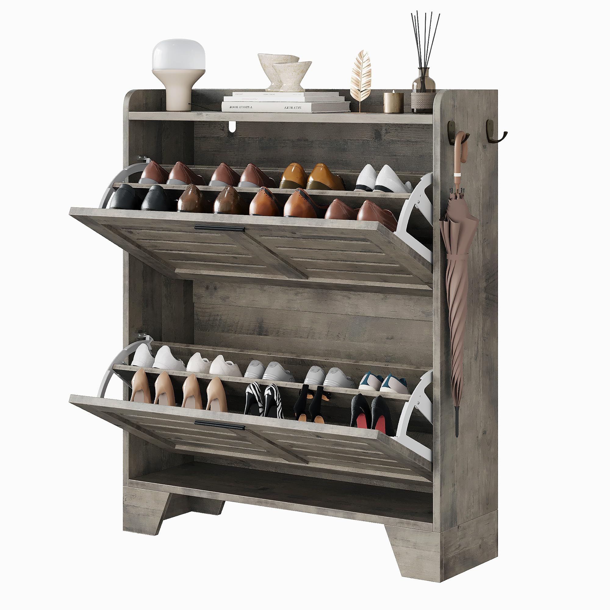 Garvee Meuble à Chaussures avec 2 Tiroirs Rabattables, Meuble De Rangement à Chaussures Autoportant pour avec 2 Crochets Latéraux, Meuble Étroit pour Salon Entrée Coulour