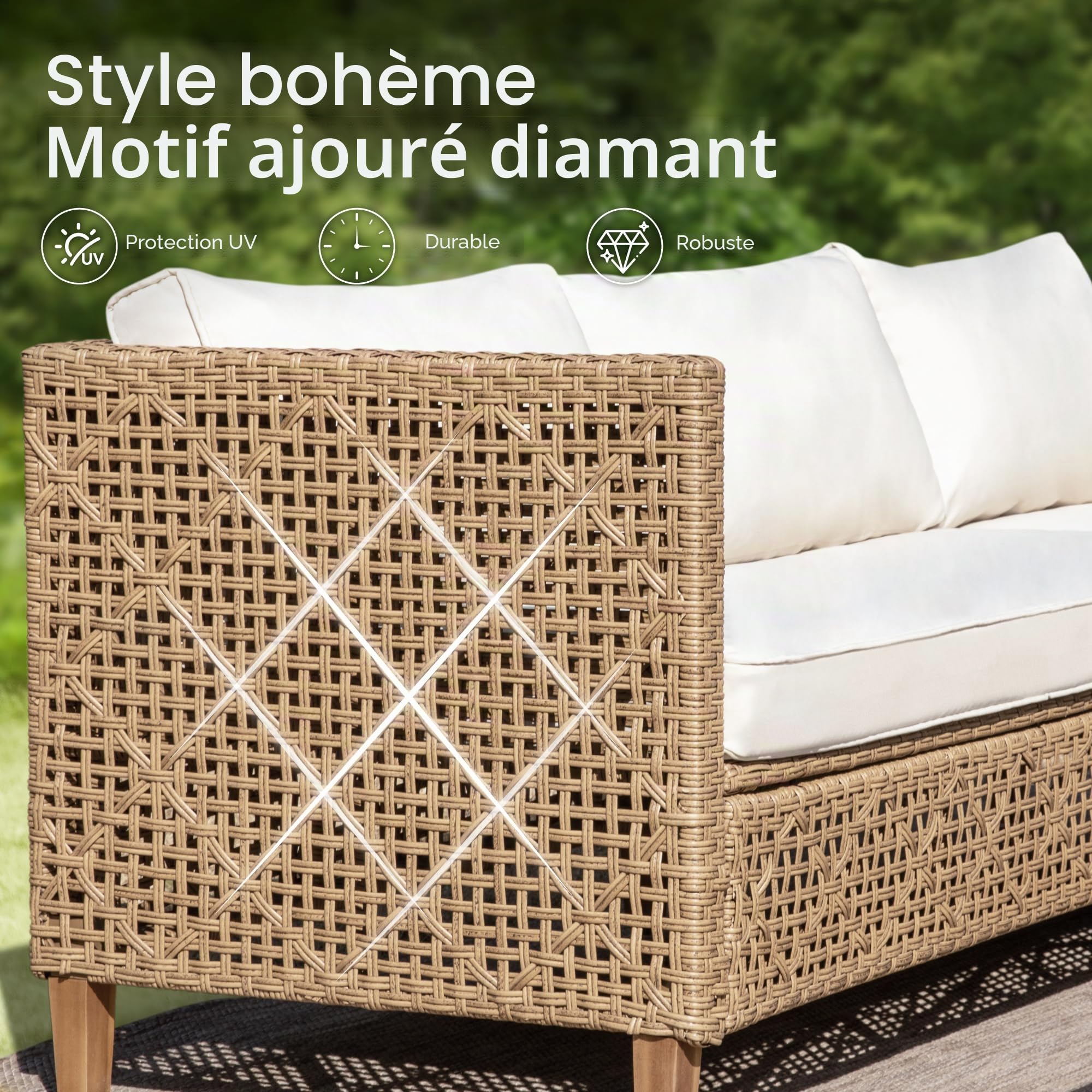 PHI VILLA Ensemble de meubles de jardin de balcon 3 pièces en rotin avec 1 méridienne, 1 canapé 2 places et 1 petite table basse, 4 personnes, meubles de terrasse d'extérieur