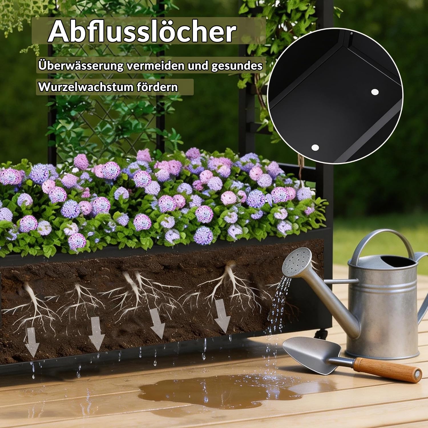 Hochbeet mit Rankgitter und Hängedach, freistehender Metall-Pflanzkasten mit Rollen, mobiler Pflanzkasten für drinnen und draußen für Kletterpflanzen, Blumen, für Garten, Terrasse und Hof