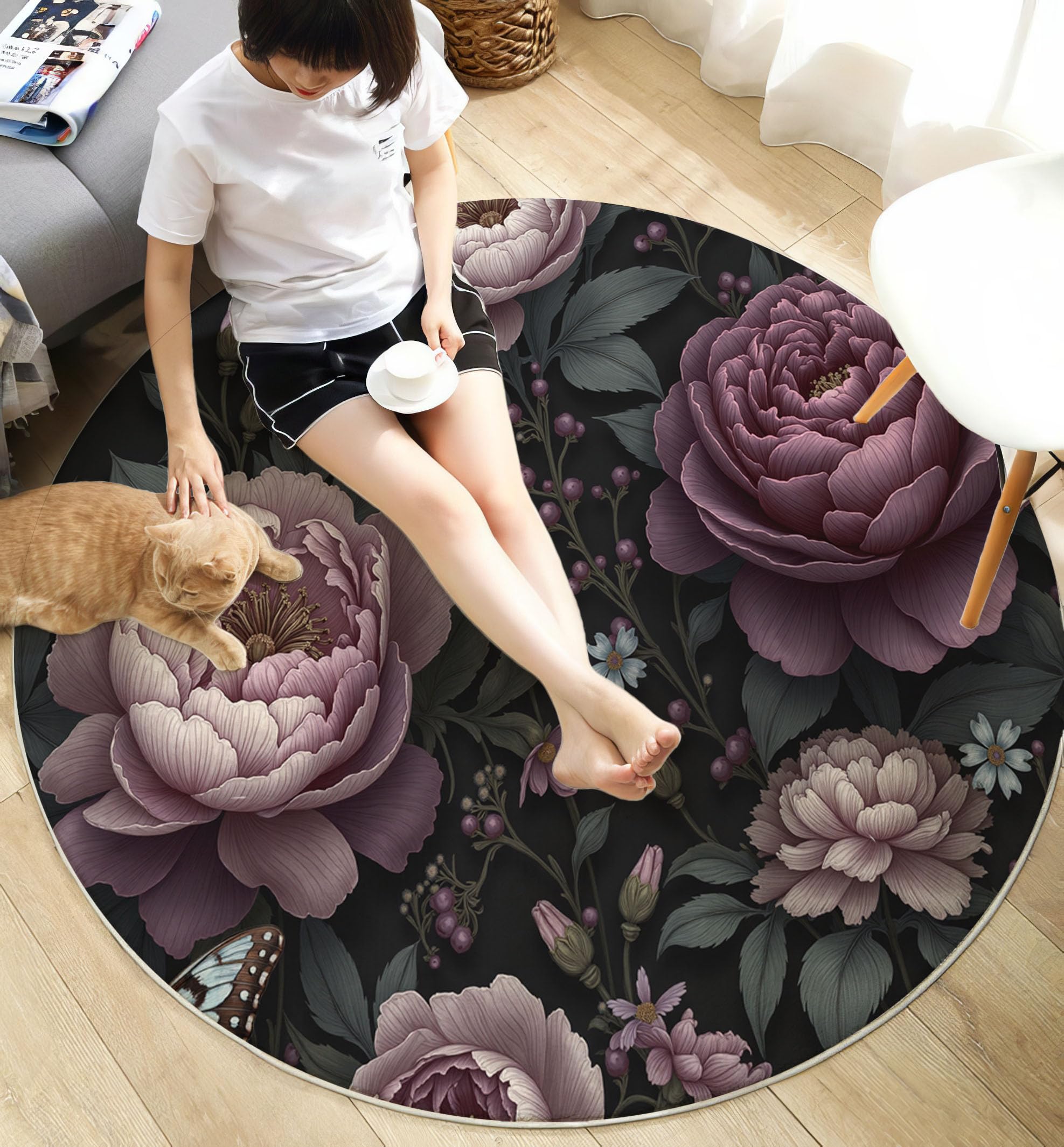 Tapis de décoration violet en velours court et pivoines roses