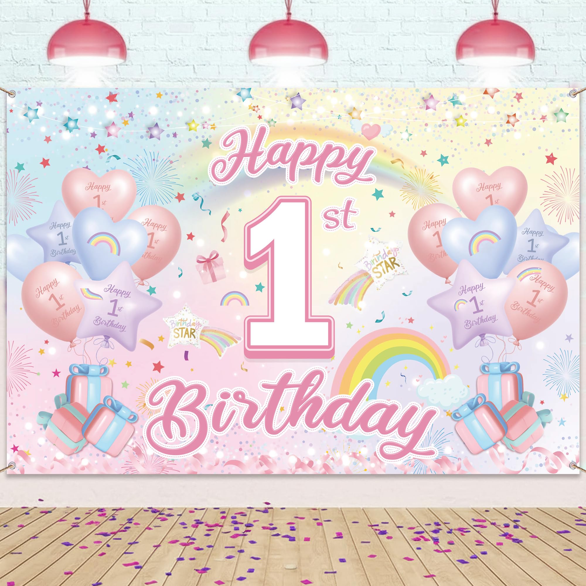 Happy 1st Birthday Banner, Rainbow Backdrop Decorations for Girls Boys