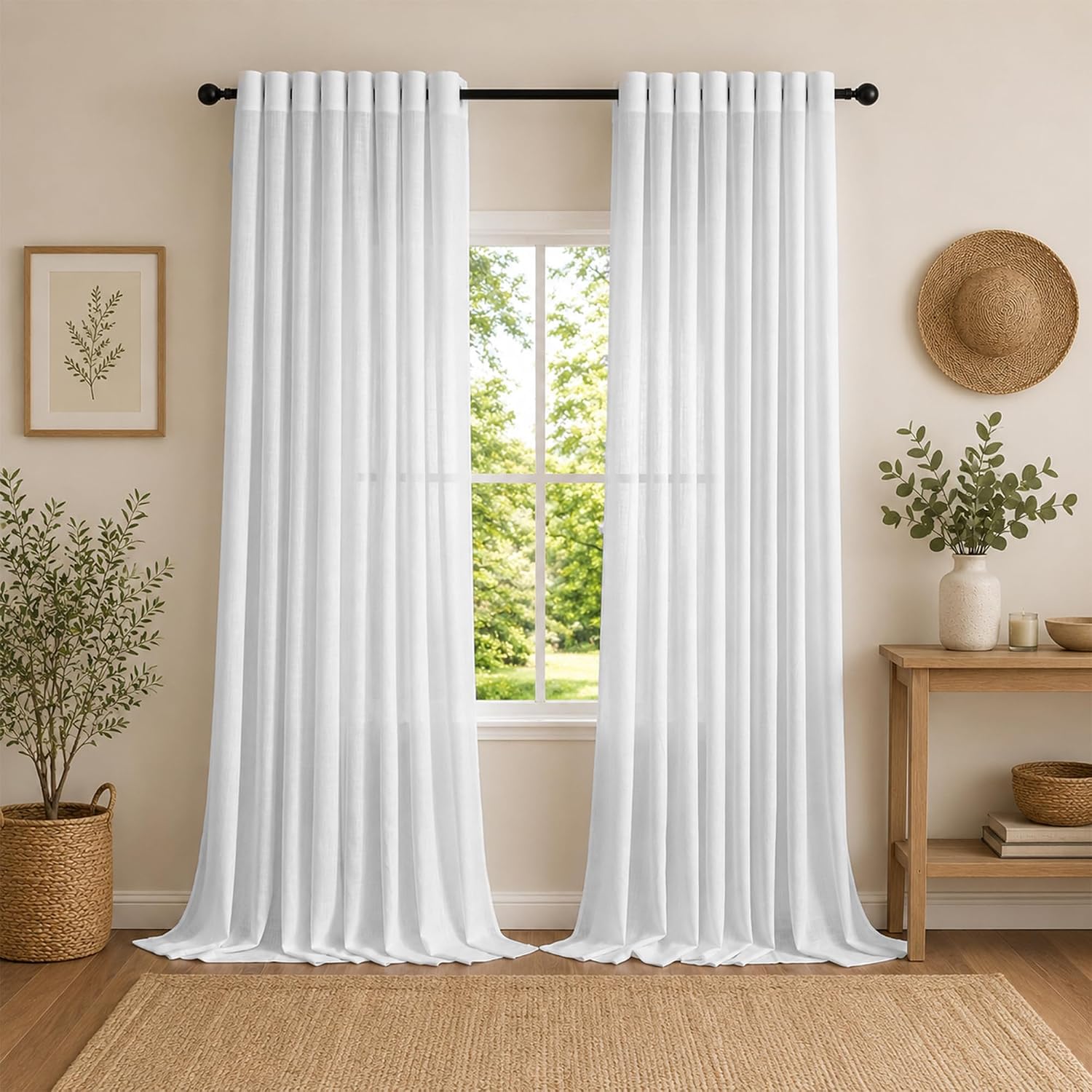 MEETSKY White Curtains 84 Inches Long for Living Room, Light Filtering Semi Sheer Curtain Panels for Sliding Glass Door Farmhouse Country Style Grommet Window Drapes, 52" x 84", 2 Pieces