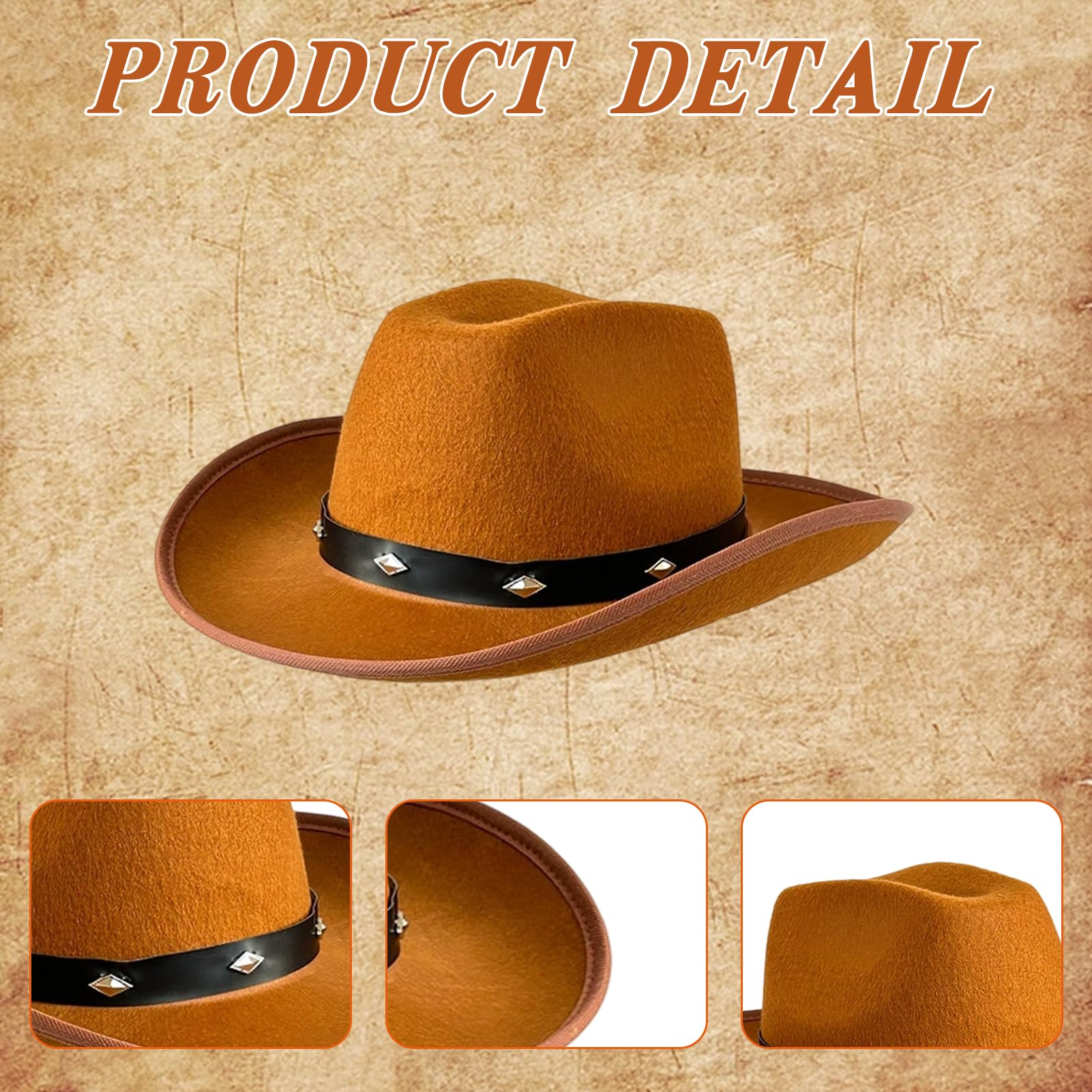 Meriviva Cowboy Hats for Men Women 4Pcs Black and Brown Cowboy Hat with Bandana Accessories Set - Image 2