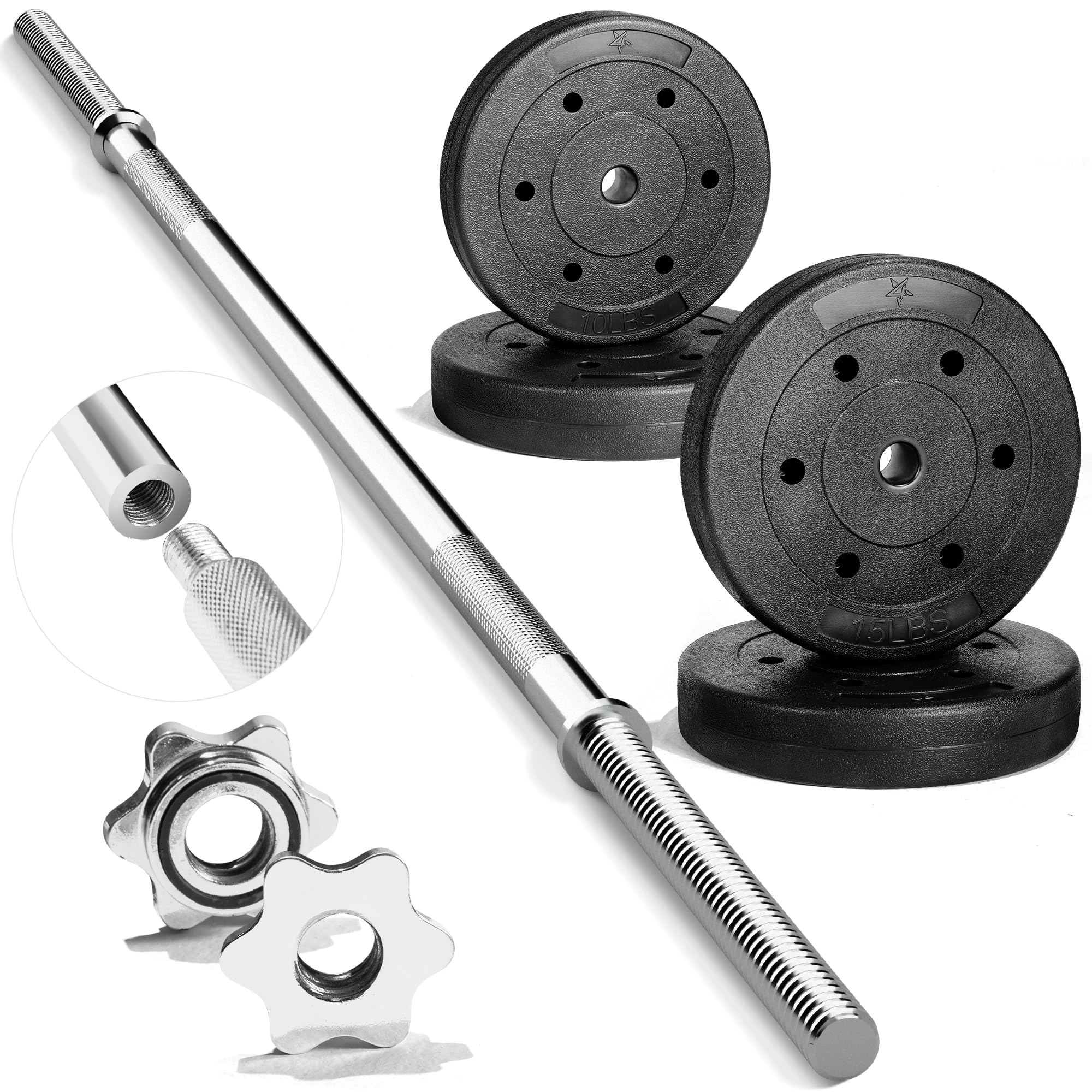 yes4all standard straight barbell 60" & ez curl bar 47", capacity 200 to 480 lb, weight bar 1" to 2" diameter - star lock collars, rubber ring, barbell spins included for deadlifts & squats