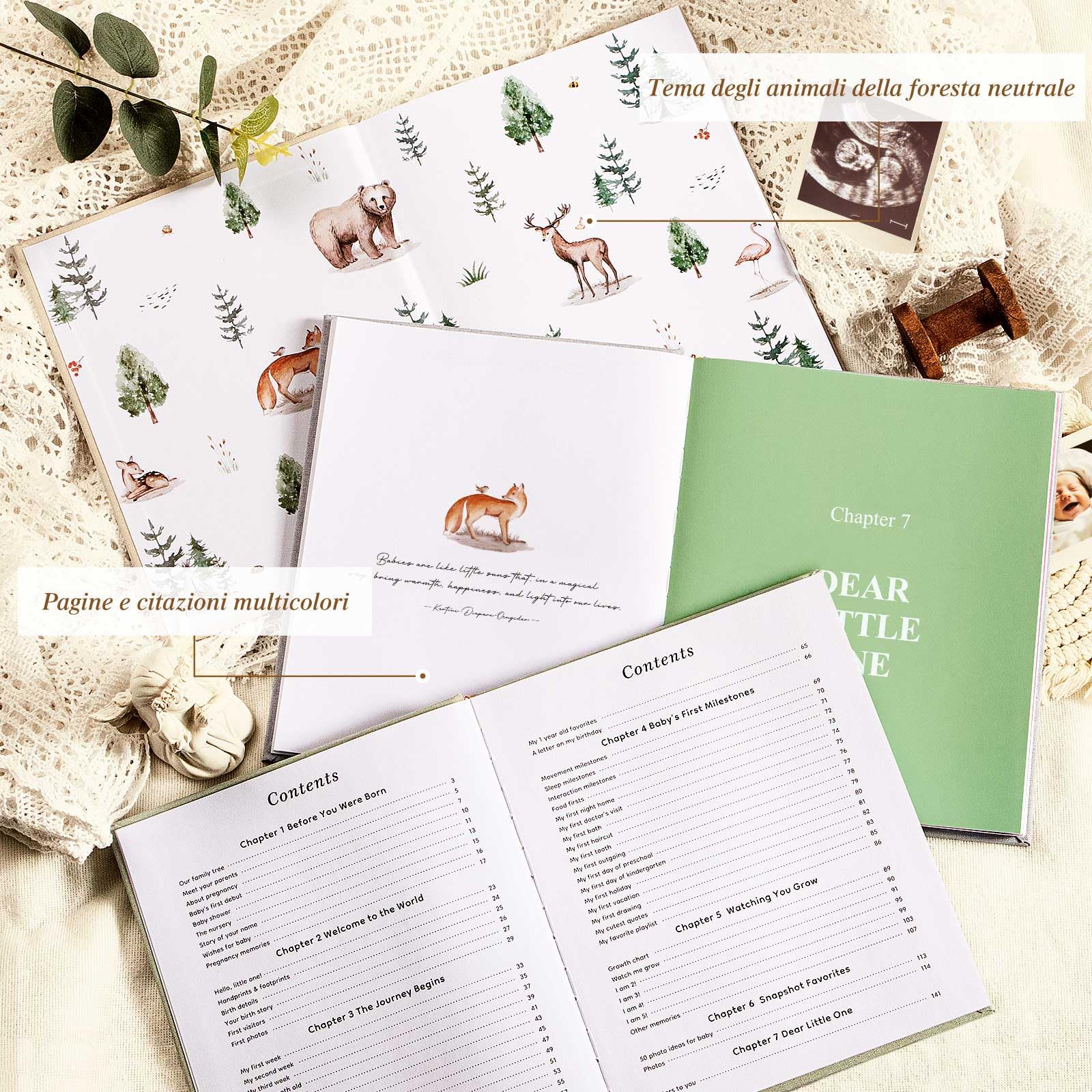Lanpn Album Nascita Bambino e Bambina, Libro dei Ricordi Neonato per Primo Anno a 5 Anni, Albums Fotografico Neonato per Incollare Foto e Scritte, Diario Regalo Bimbo (Inglese, 154 Pagine, Verde)