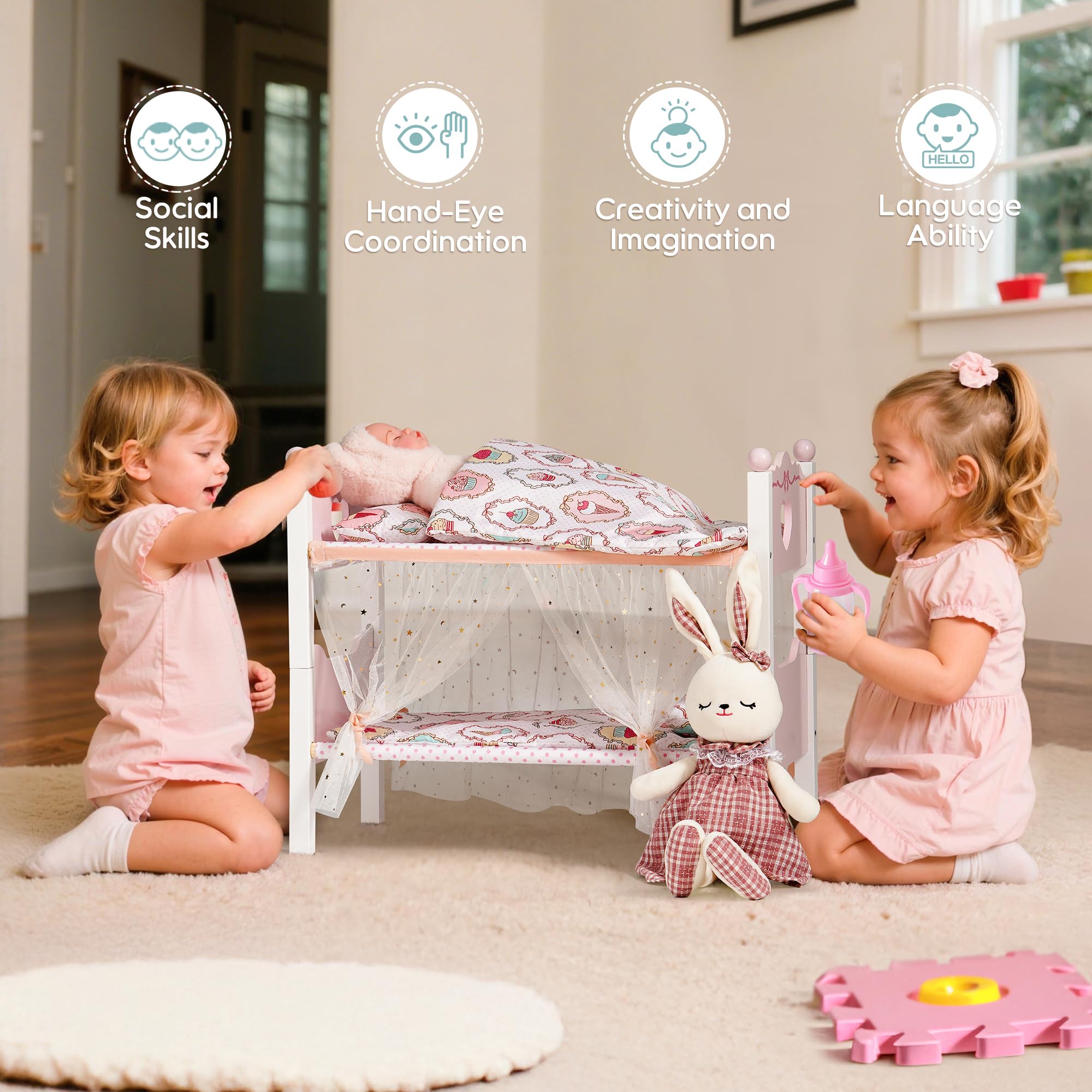 Literas de muñeca de bebé, cuna de madera para muñecas con cortina estrellada, cuna de juguete apilable para muñecas de 18 pulgadas, juego de cama para muñecas con accesorios de cama, para 6