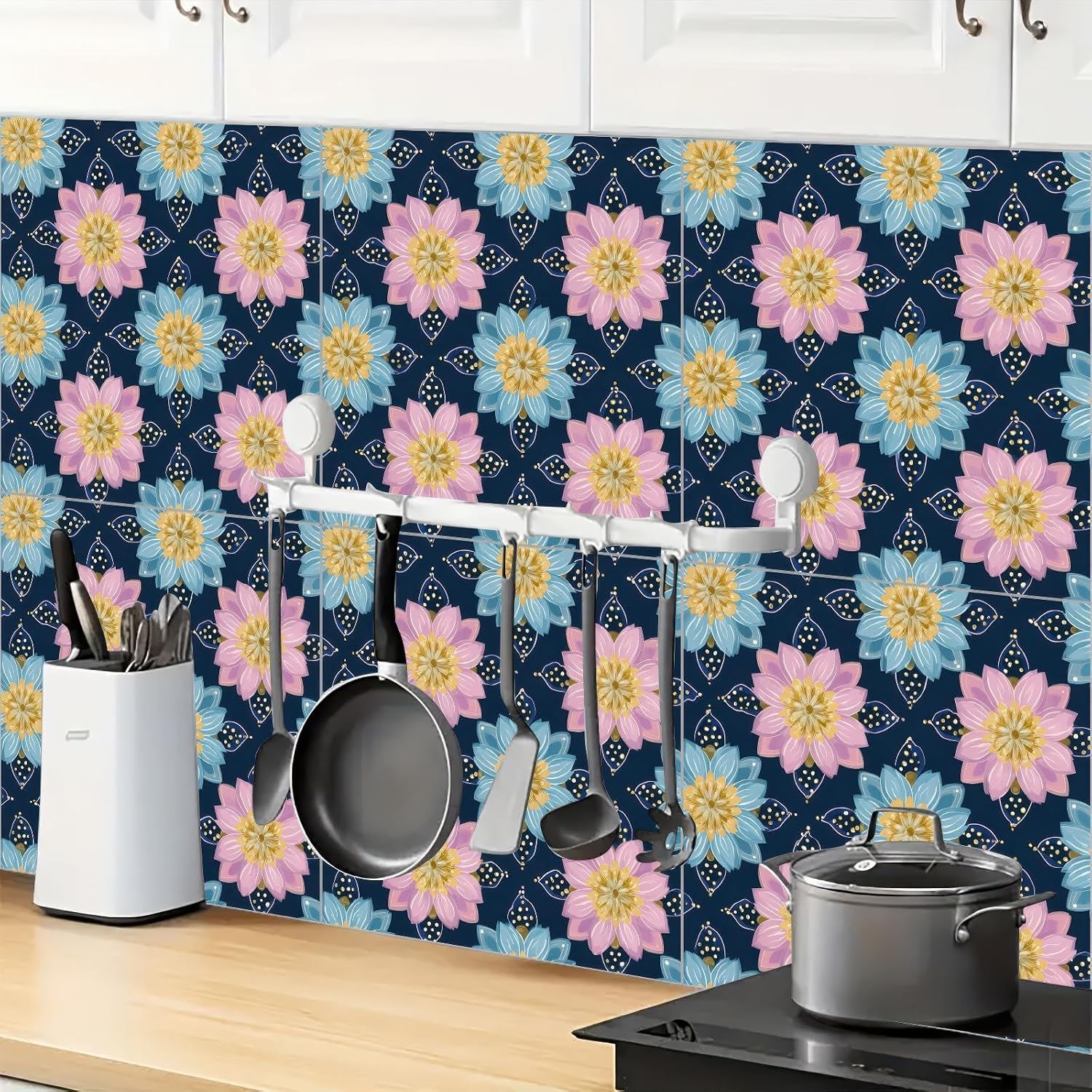 10PCS 12x12 Inch Peel and Stick Floor Tiles Self Adhesive Vinyl Flooring Tile Navy Blue Floral Mandala Removable Decals Bathroom Kitchen Laundry DIY Home Decoration