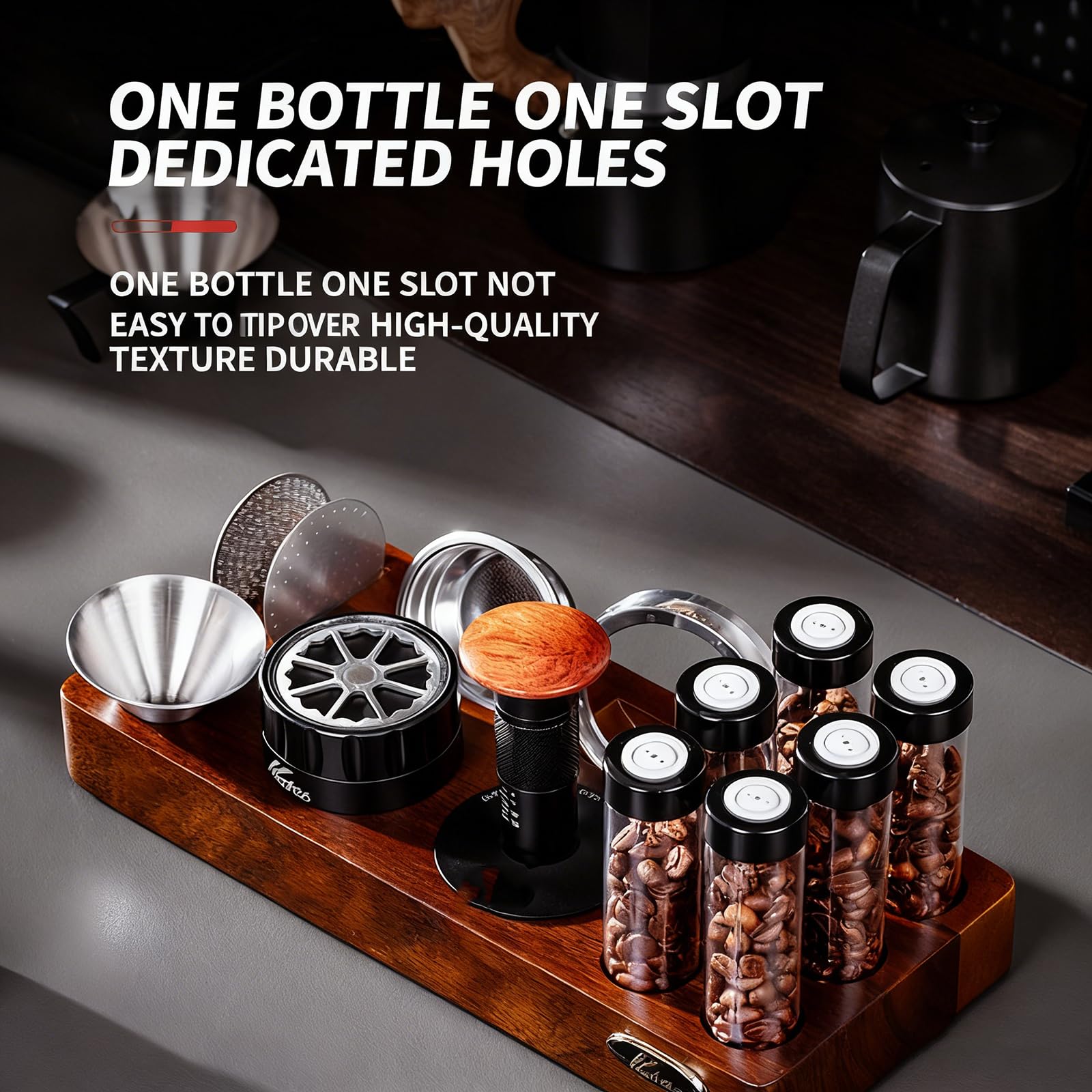 Présentoir À Café en Bois pour Dosettes Individuelles, avec Entonnoir Et Valve Unidirectionnelle, 6 Tubes en Verre, Capacité De 22 À 25 G, Idéal pour La Cuisine