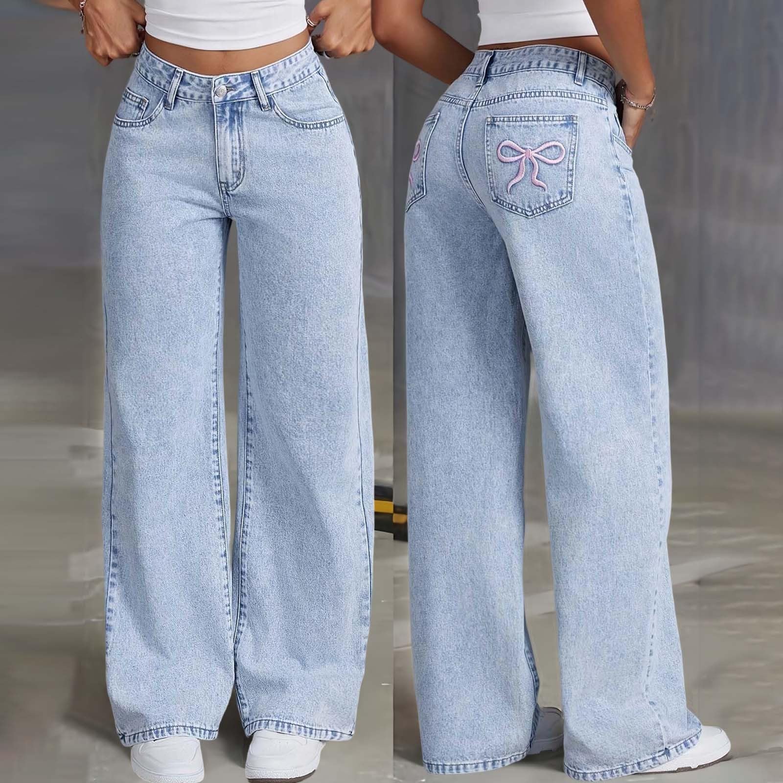 Pantaloni in Denim a Vita Alta Svasati per Ragazze Adolescenti con Tasche Posteriori Ricamate e Lavaggio a Fiocco di Neve, Design a Gamba Larga, Comodi Jeans Elasticizzati, Pantaloni Casual alla Moda