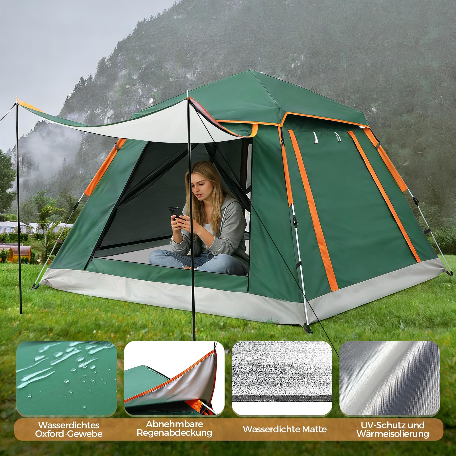 Pop Up Zelt Automatisches Wurfzelt, Camping Zelt 3-4 Personen, 3000mm Wasserdicht&Winddicht mit Vorzelt Fenster, Doppelschicht Kuppelzelt 4 Jahreszeiten, Camping, Wandern, Trekking, Gartenl