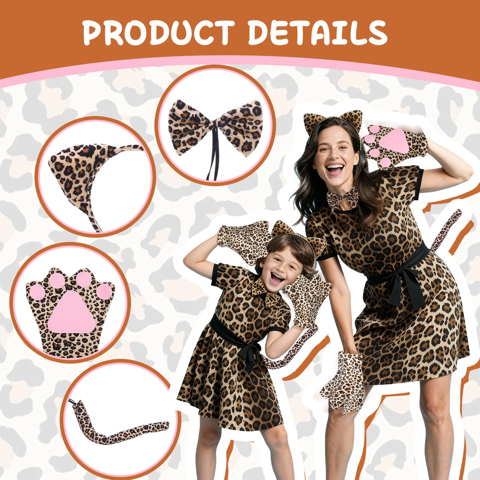 Meng Jiaran 10 Pcs Leopard Print Costume Kit,Leopard Accessory Set Ears Headband Bow Tie Tail Gloves Face Sticker Earings,Animal Fancy Dress Set for Carnival Cosplay Party - Image 3