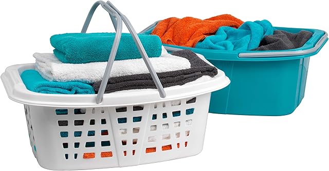 Beldray LA030450TQ Strong Laundry Washing Basket With Carry Handles, Lattice Effect & Tub For Organising/Sorting Clothes, Plastic Hamper, Colour Coded For Organisation, Set Of 2, Turquoise/White