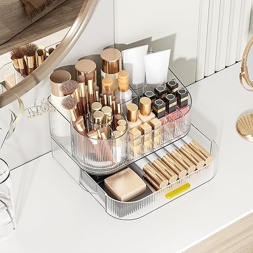 Miniatura 2 de Delamu Organizador de maquillaje para tocador con cajones apilables, soporte giratorio de 360 grados para brochas de maquillaje, estuche grande de