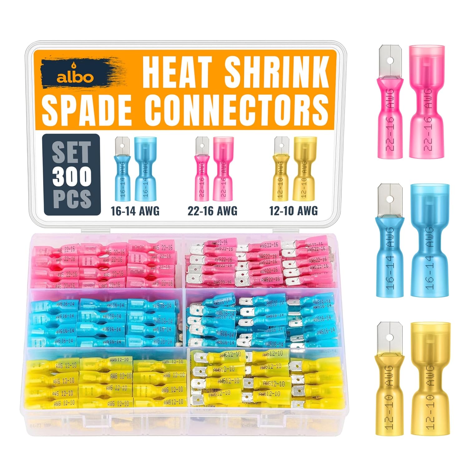ALBO 300PCS Heat Shrink Male and Female Spade Connectors Kit – AWG 22-10 Waterproof Electrical Terminals, Red Blue Yellow Fully Insulated Wire Terminal Connectors for Marine, and Speaker Wiring