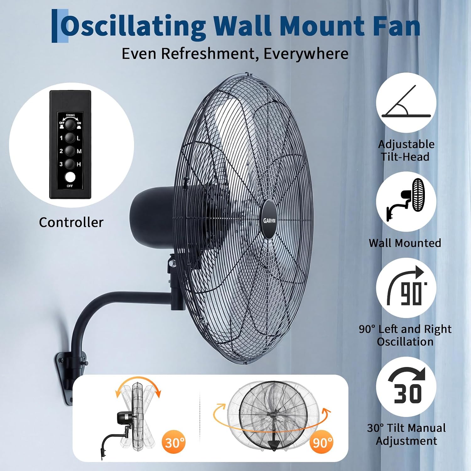 Garvee 30 Inch Wall-Mount Misting Fan, 3 Speed High Velocity 9500 CFM Industrial Wall Fan with Controller, IP44 Waterproof Oscillating Wall Fan for Home, Offices, Garage, Commercial, Warehouse