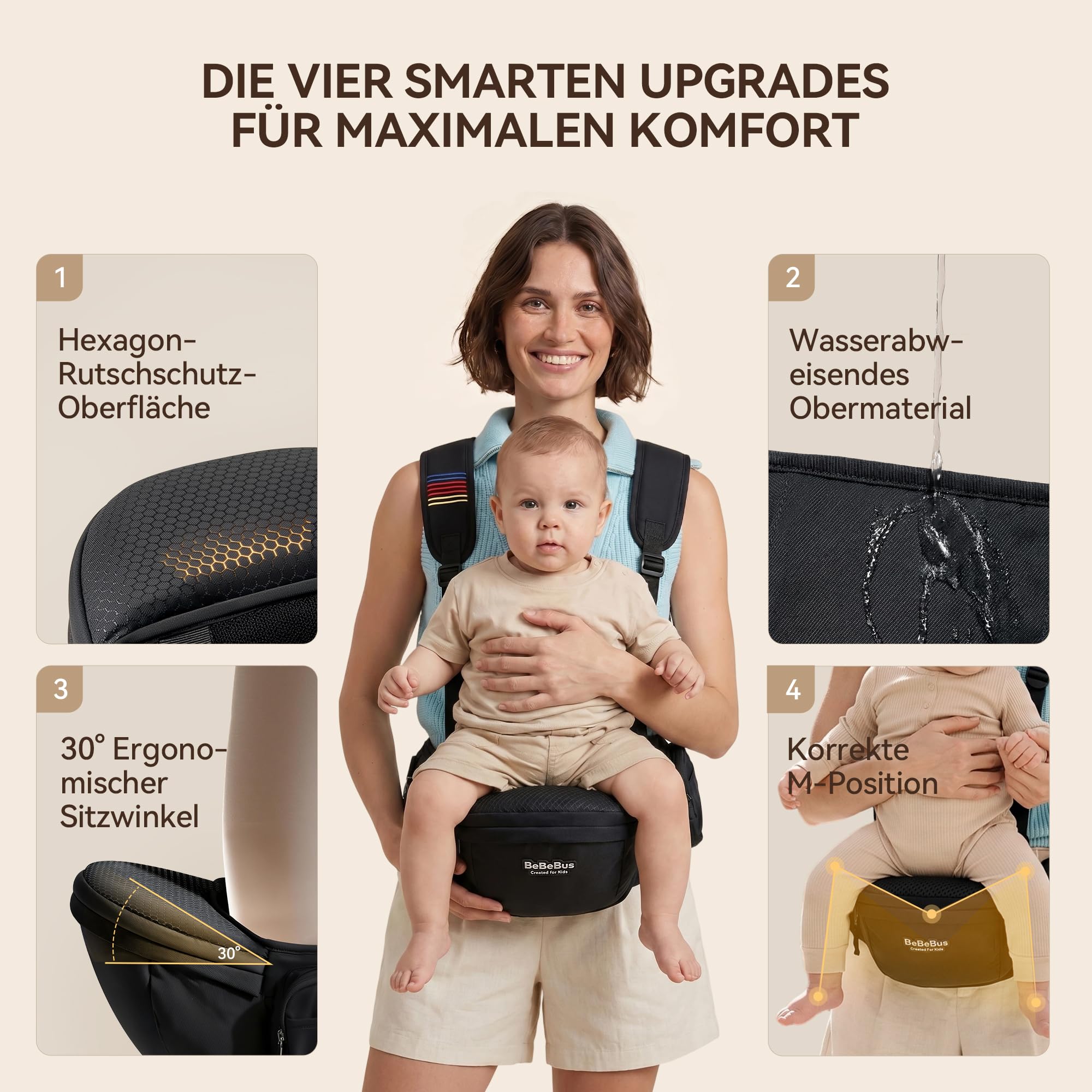Portabebé Ergonómico con Asiento de Cadera, Mecanismo Rotativo de Bloqueo, Diseño en Y para Aliviar la Espalda, Gran Espacio de Almacenamiento, Taburete de Cintura 0-36 Meses, hasta 20 kg