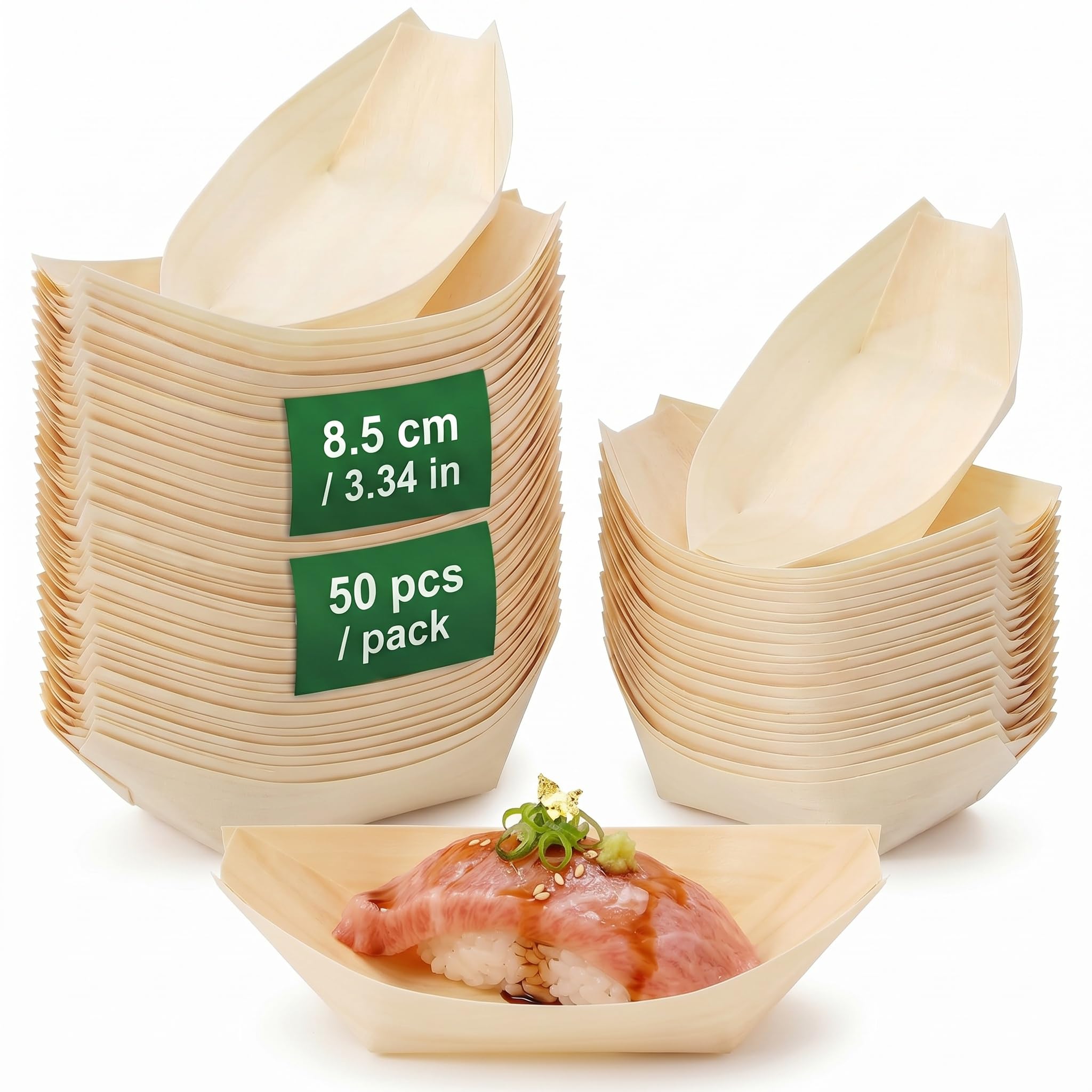 NIYANGLE Wood Boat Plate, 50pcs 3IN Disposable Wood Serving Boats Disposable Leaf Dishes Food Dessert Paper Plates Sushi Serving Tray for Catering Home Hawaiian Party Supplies