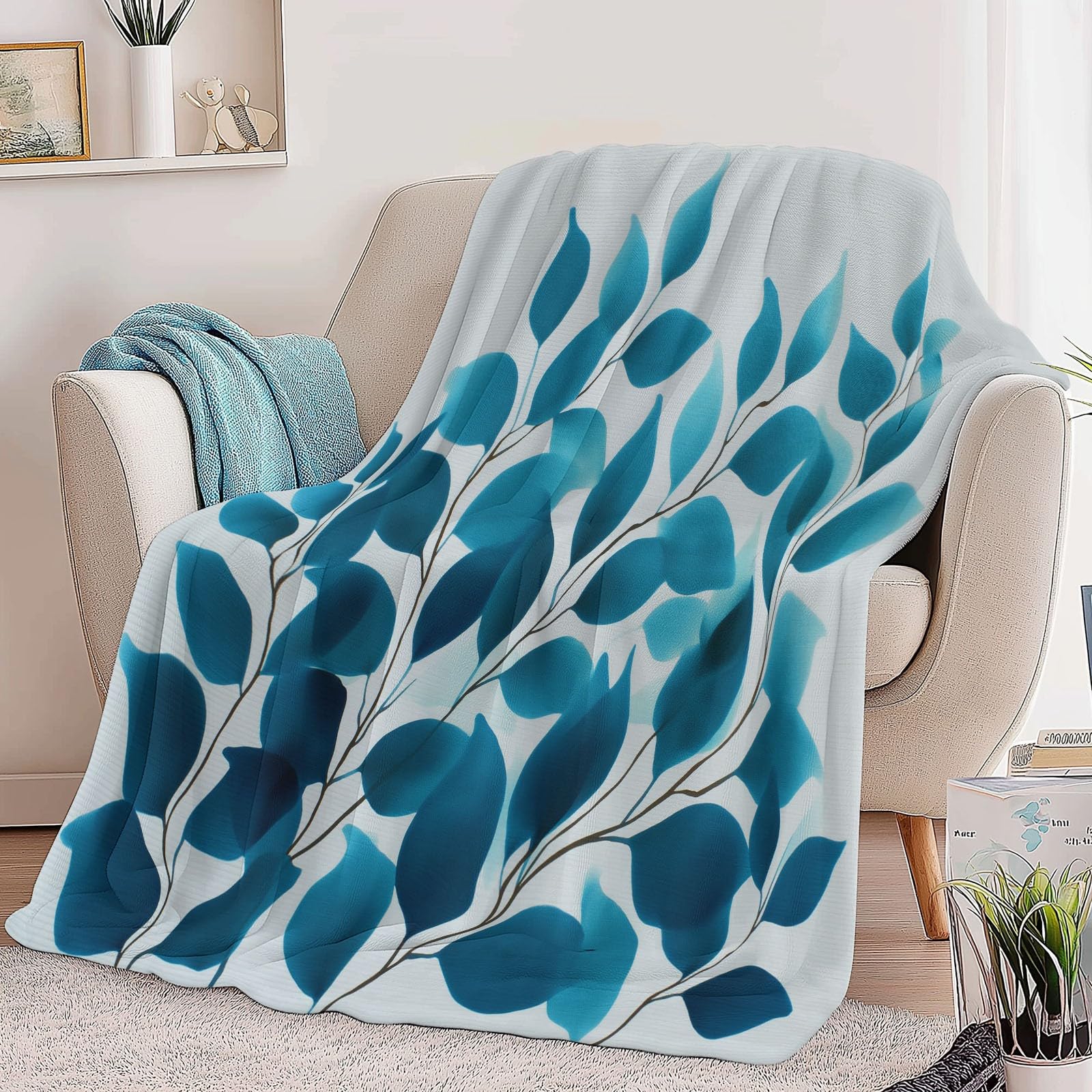 Koc flanelowy na łóżko 220 x 240 cm, miękka ciepła roślina niebiesko-zielone liście i paski koc zimowy ciepły oddychający lekki minimalizm dla dorosłych dzieci kobiety mężczyźni