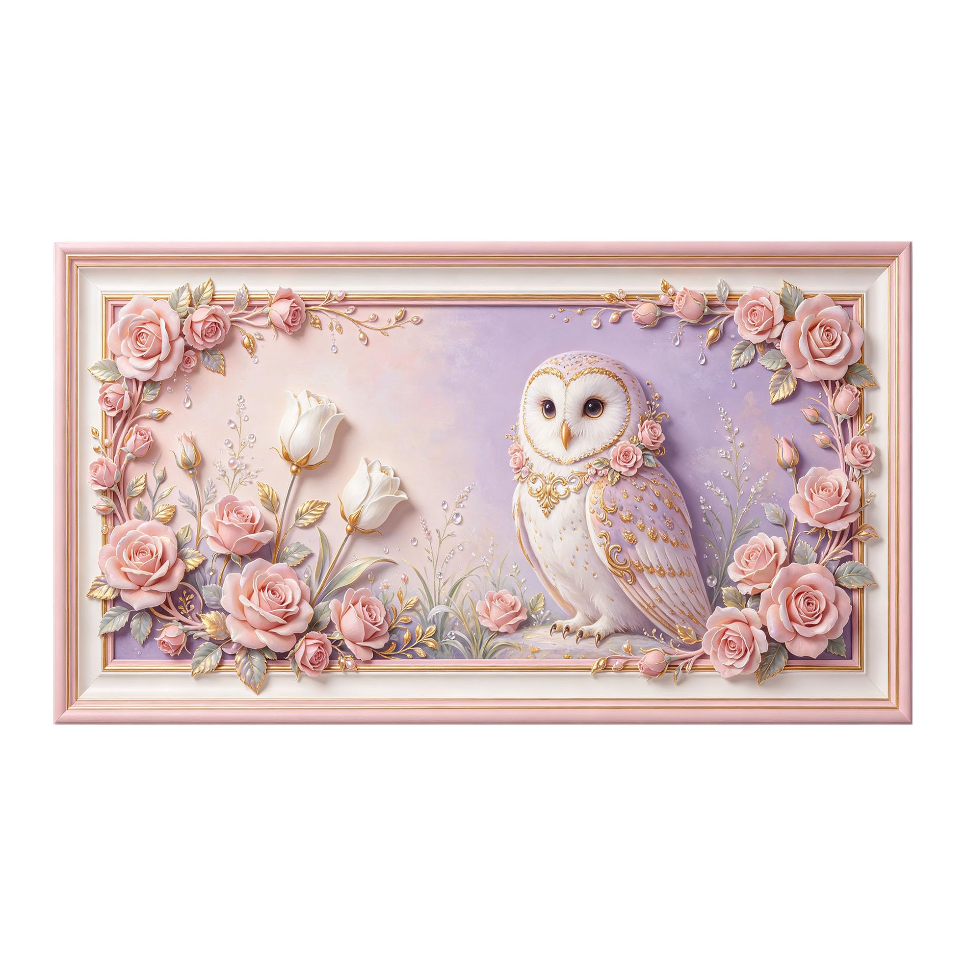 Yzpallescene 3D 3D Framed Wall Art 50cm×90cm Owl with Pink Roses Floral Romantic Baroque Style Large Size SelfAdhesive Removable Wall Decor Prints Artwork for Living Room Bedroom Office