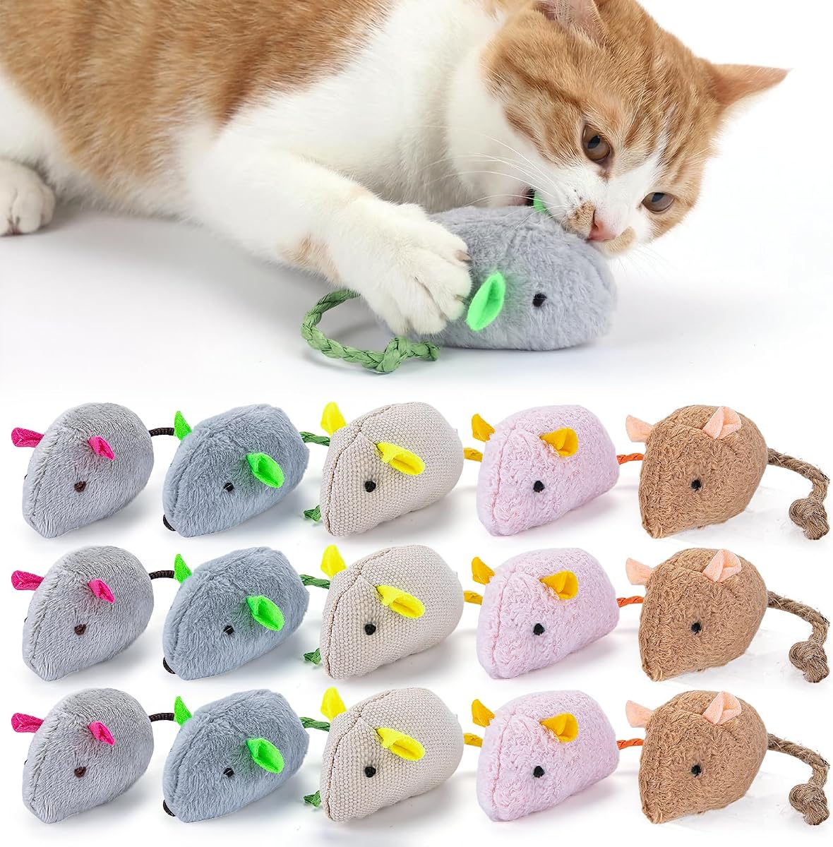 NAHSHON 15PCS Cat Mouse Toys Prefilled Catnip, 2.36” Plush Cat Mice & Animals Toy, Realistic Design Interactive Catnip Cats Toys for Indoor Cats Play Fetch (Assorted Colors)