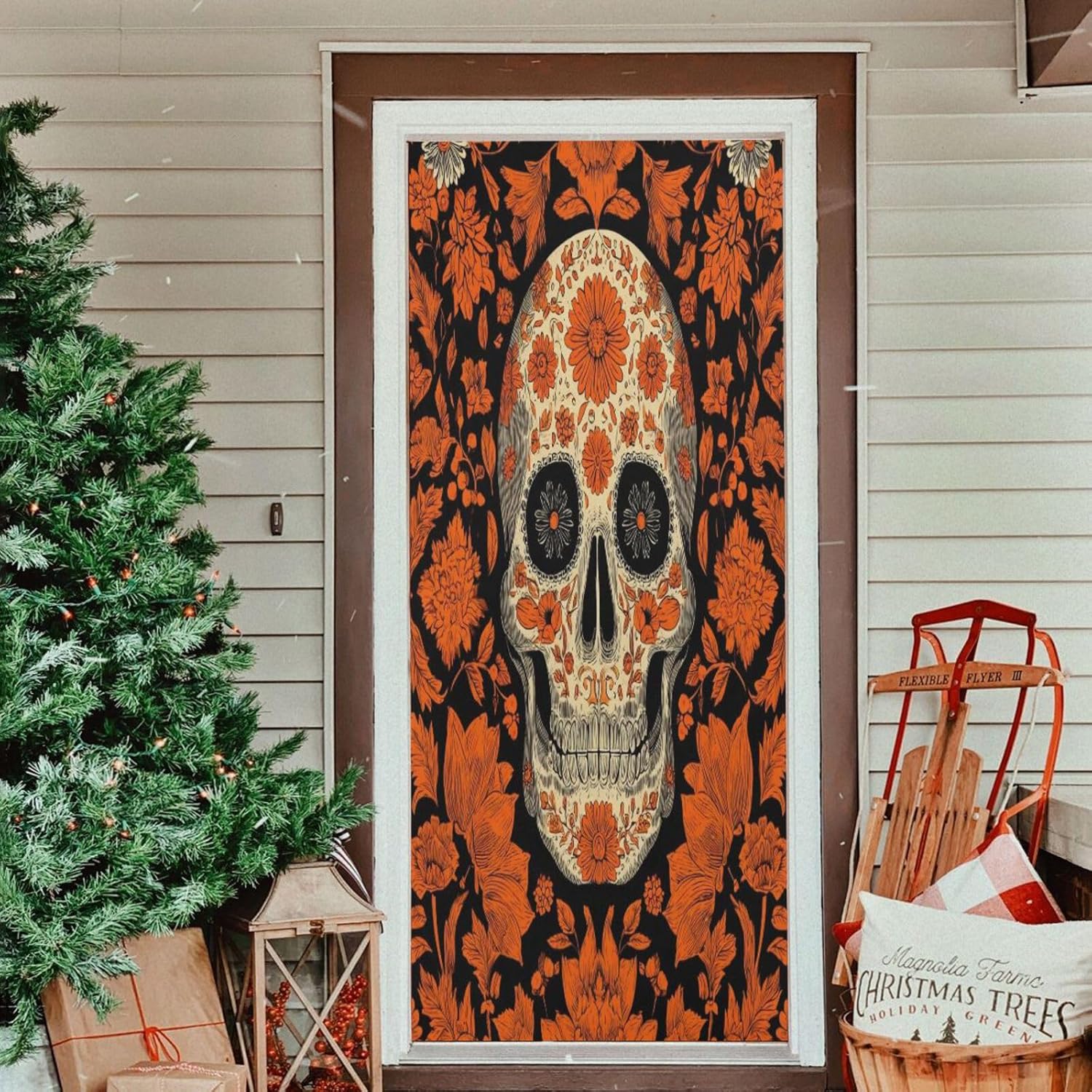 Emelivor Halloween Skull Flowers Orange Door Cover Washable High Elastic Festive Door Cover Removable Fabric Covers Decorative for Home Decor Indoor Outdoor Party Accessory, 35 x 79 in