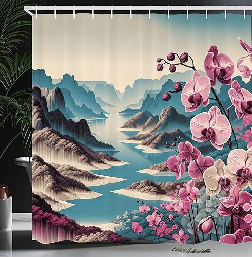 Miniatura 6 de Ambesonne Scenic Decor Collection, Mountain Lake View Sunny Day Nature Picture Art Paintings Effect Print, juego de cortina de ducha de baño de tela