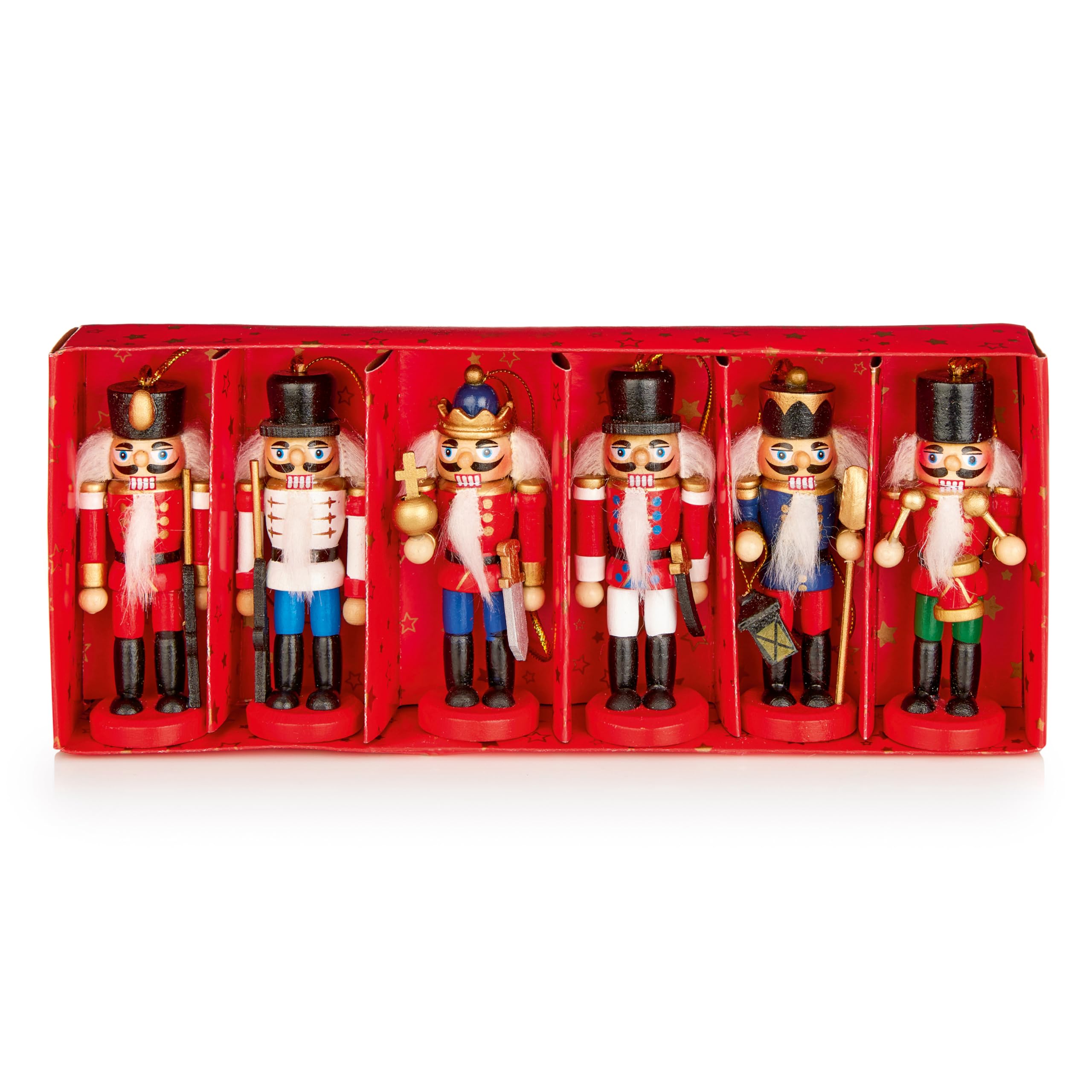 Premier Colorful Nutcracker Soldier Hanging Christmas Tree Decorations 8Cm 6 Pieces Wood