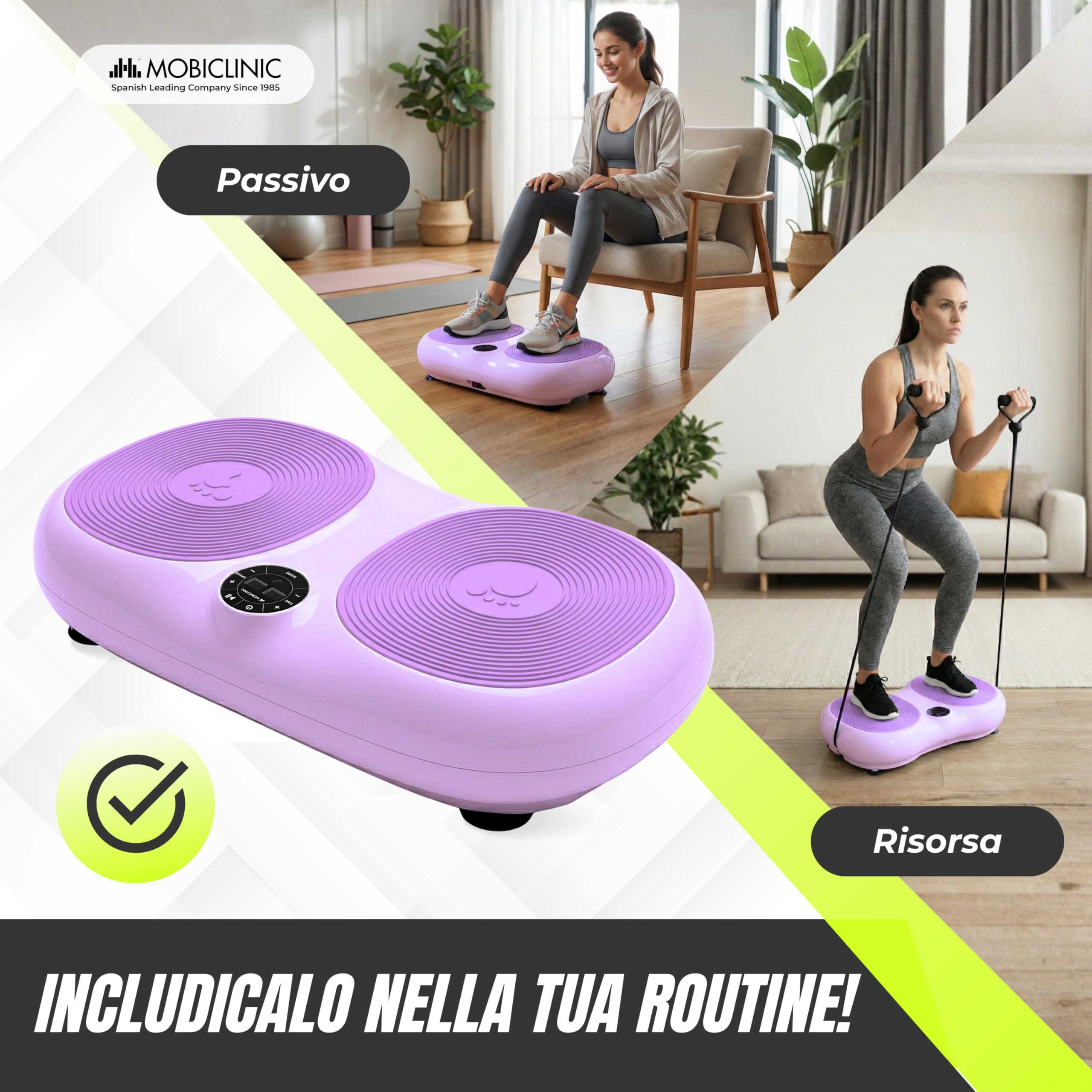 Mobiclinic®, Pedana Vibrante, 99 Livelli di Velocità, 9 Programmi di Allenamento, Fasce Elastiche e Telecomando, 200W, Tonificazione, Potenziamento Muscolare, Ideale per la Casa, Fino a 150 kg, Karol