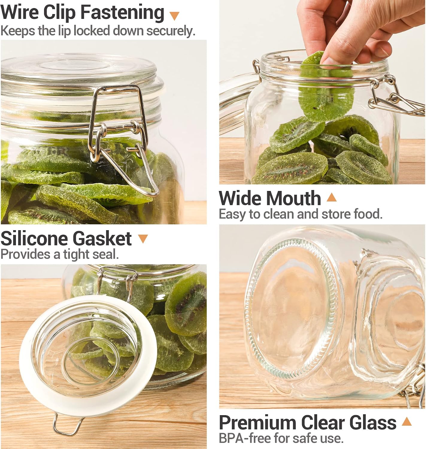 ComSaf Airtight Glass jar with lid 37oz & 34oz Set of 6, Glass Storage Containers with Lids, Glass Canister, Striped Clip Fastening Jar for Kitchen Canning, Cereal, Pasta, Sugar, Flour, Cookie image 5