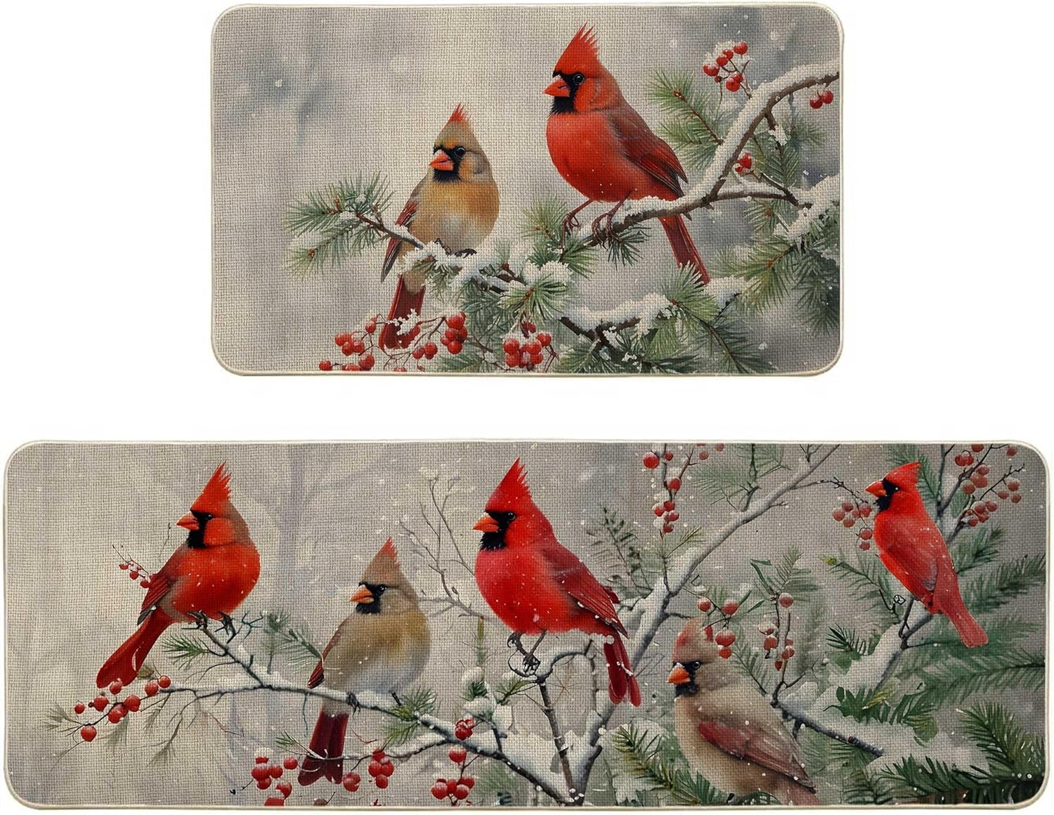 Lofaris Christmas Kitchen Mats and Rugs Sets of 2 Decorations for Floor 17x29 and 17x47 Inch Xmas Snowflake Snow Holiday Winter Cardinal Non Slip Home Decor