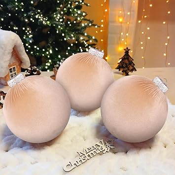 12 Pcs Extra Large Velvet Christmas Balls Ornaments Bulk 6 Inch Jumbo Flocked Christmas Tree Ornaments Xmas Bulbs Neutral Decorations Hanging for Xmas Home Party(Beige)