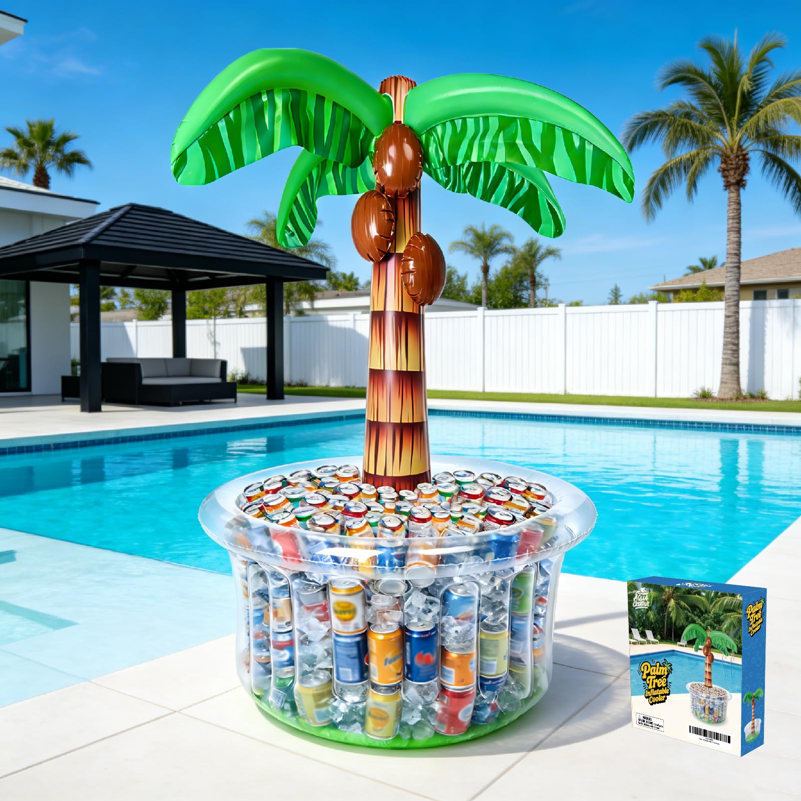 Photo 1 of Inflatable Palm Tree Cooler 60" Inflatable Pool Party Bar Inflatable Serving Bars Cooler Bar Ice Buffet Serving Trays Keep Food Drinks Salad Cool Party Decorations for BBQ Picnic Beach