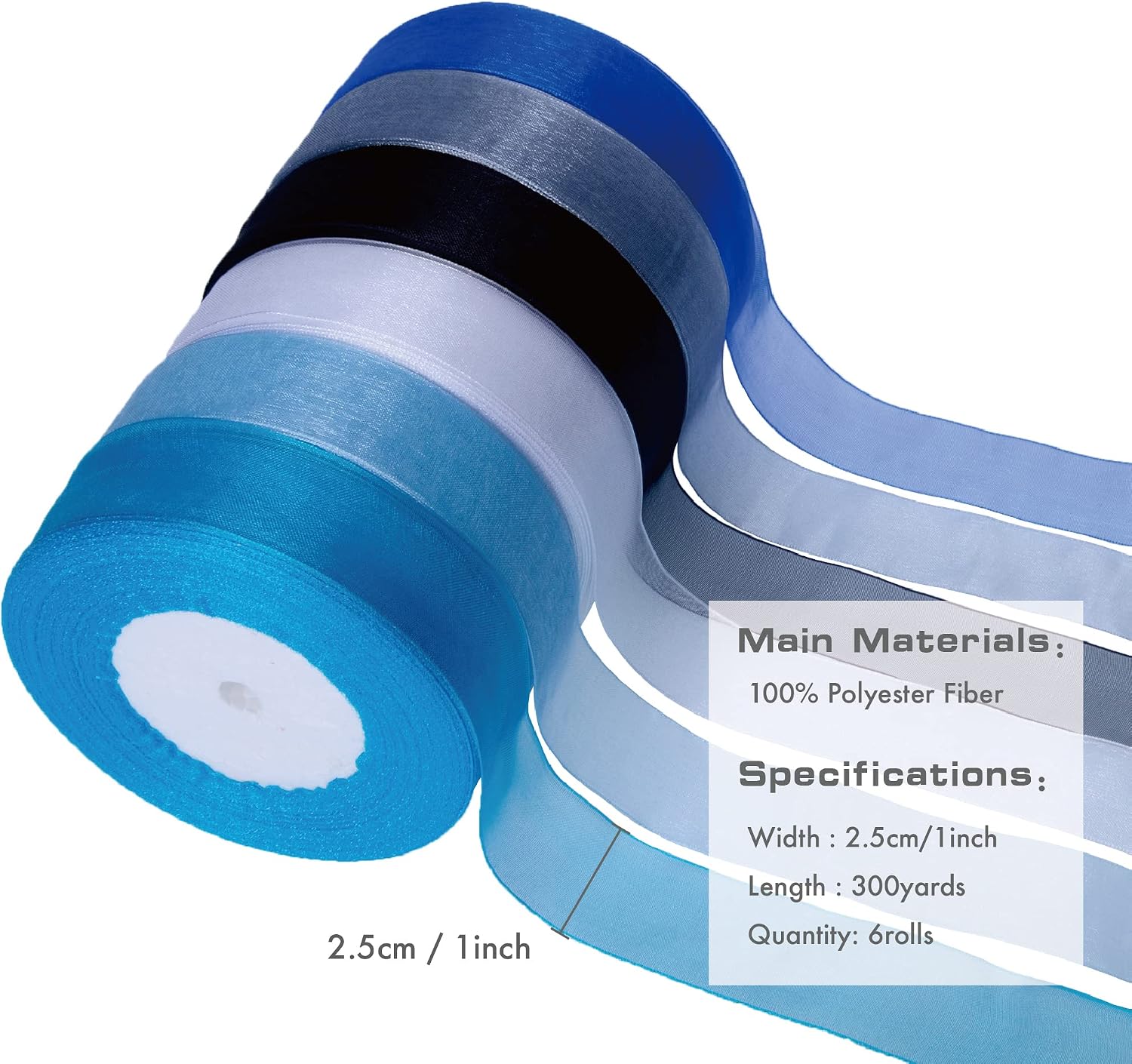 1 Inch Organza Ribbon 300 Yards, Sheer Chiffon Ribbon for Gift Wrapping Decoration, Transparent Tulle Ribbon for Birthday Presents, Cards, Wedding Invitations, Bows Crafts (6 Rolls* 50 Yards)