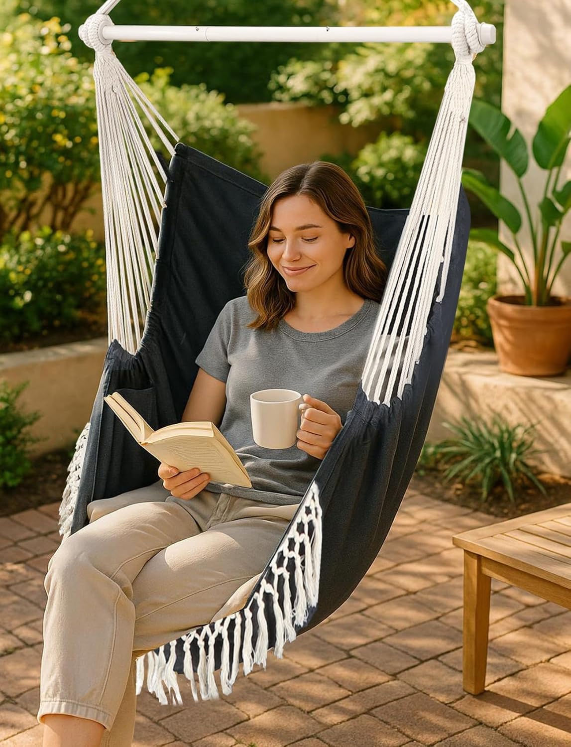 Chihee Hammock Chair Hanging Swing Max 500 Lbs 2 Cushions Included Steel Spreader Bar with Anti-Slip Grooves Portable Hanging Chair Side Pocket Large Macrame Bohemian Chair Indoor Outdoor - Image 2
