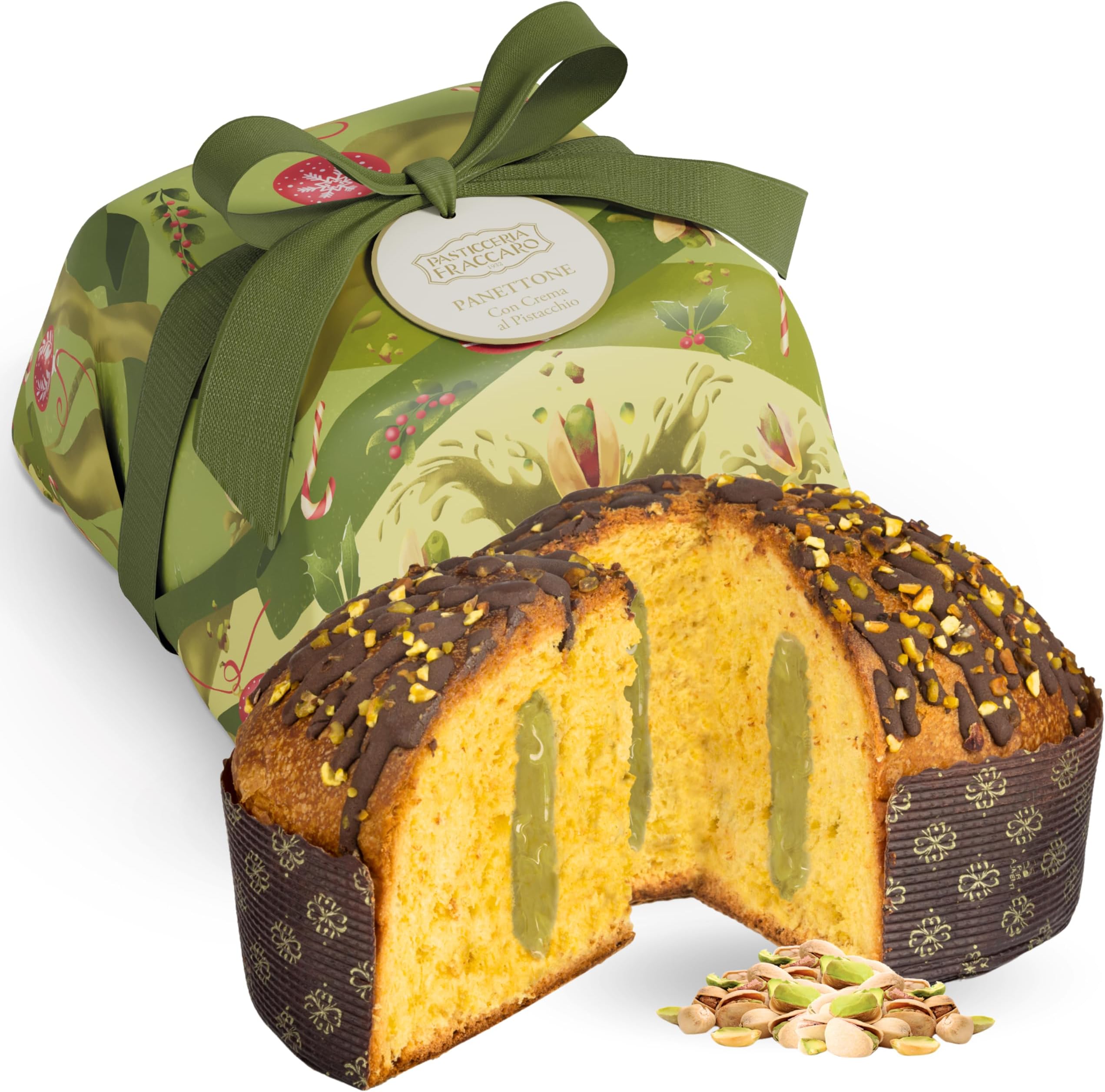 Pistachio Panettone Italian Cake from Italy, with Pistachio Filling and Chocolate on Top - (26.4 Oz / 750 gr) Pasticceria Fraccaro 1932 - Italian Christmas Cake, Naturally Leavened, Artisan Wrapping