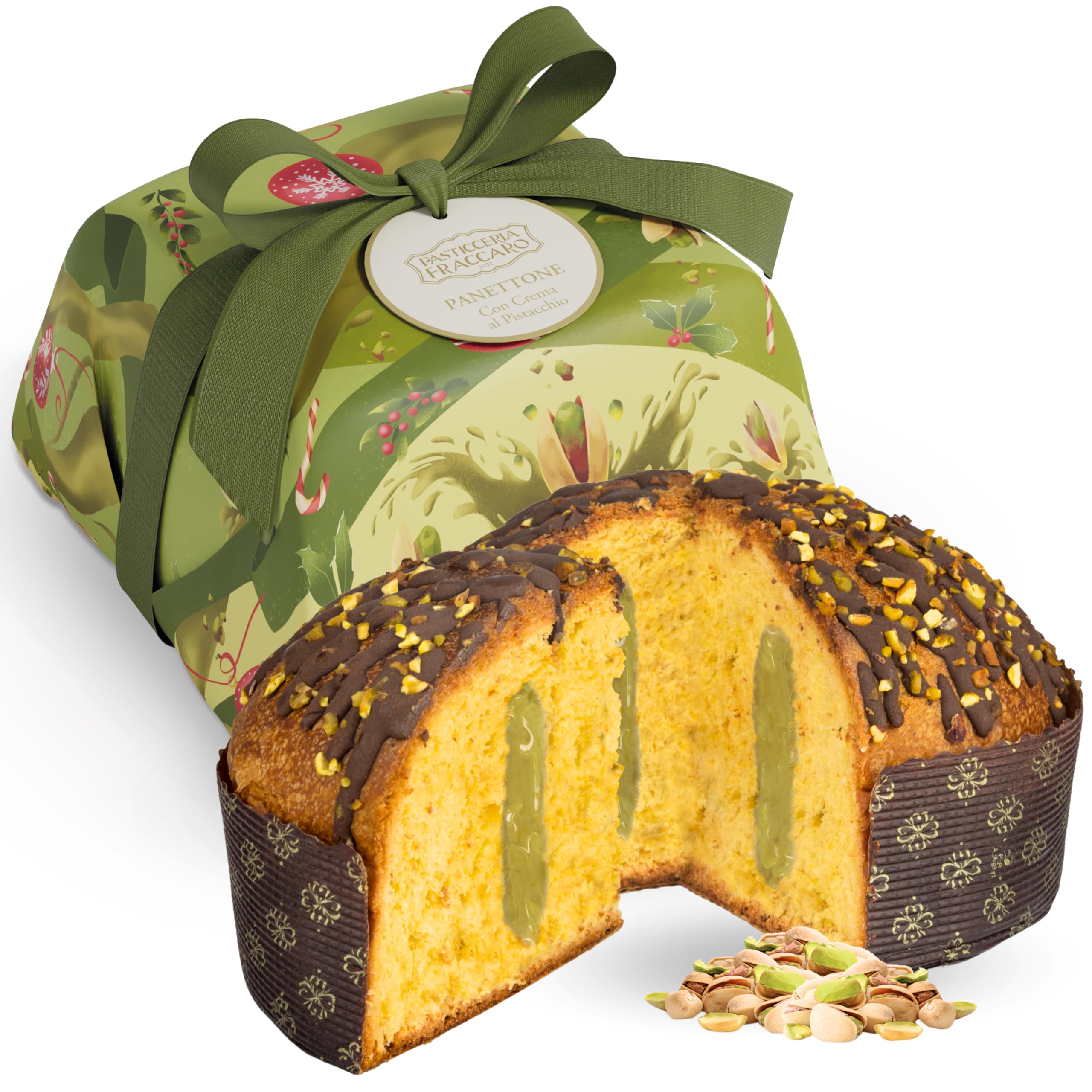 Pistachio Panettone Italian Cake from Italy, with Pistachio Filling and Chocolate on Top - (26.4 Oz / 750 gr) Pasticceria Fraccaro 1932 - Italian Christmas Cake, Naturally Leavened, Artisan Wrapping