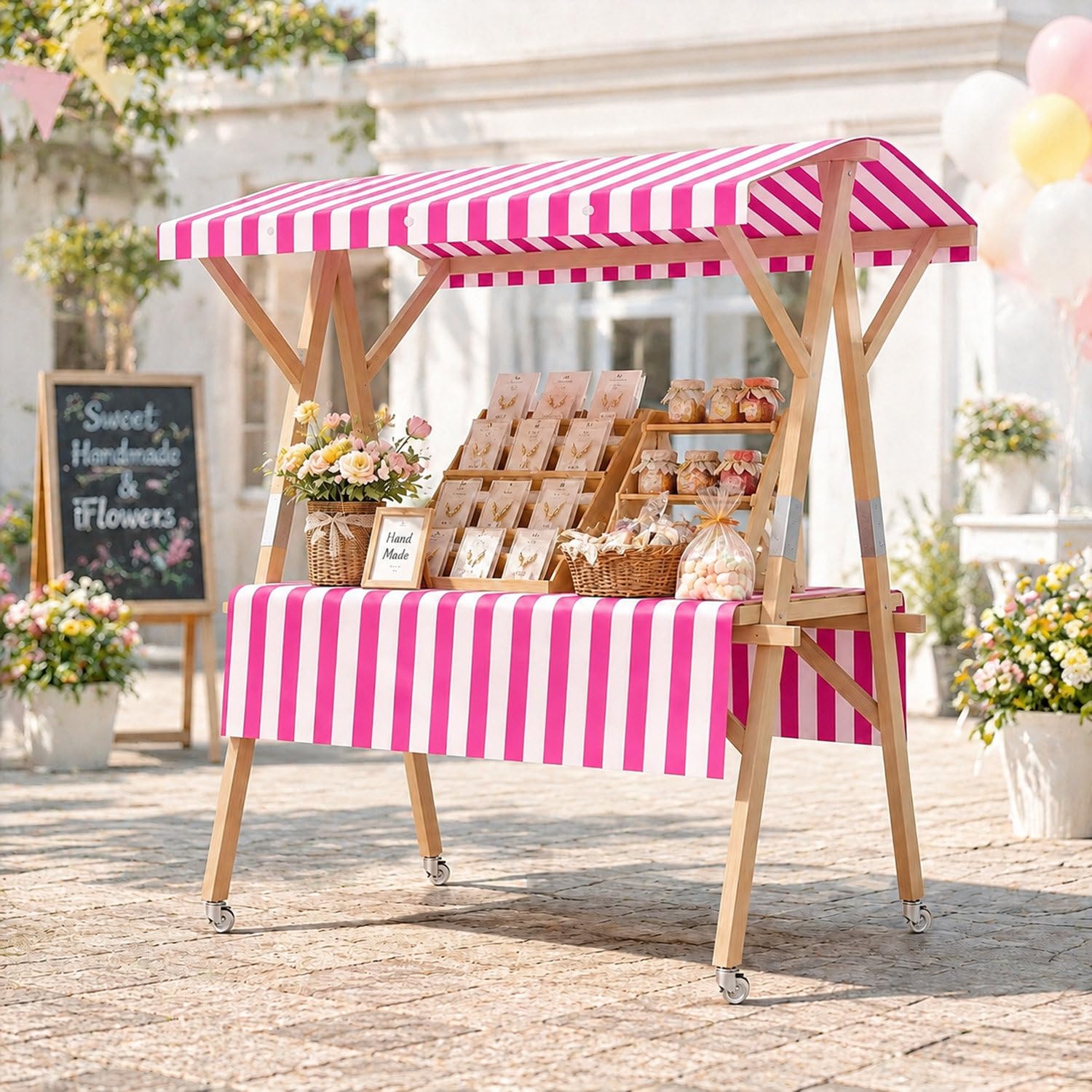 COAKUE Collapsible Wooden Outdoor Vendor Cart on Wheels with Canopy, Portable Food Cart Display Stand for Street Vending, Markets, Outdoor Events & Parties PinkB-120cm/47.2in