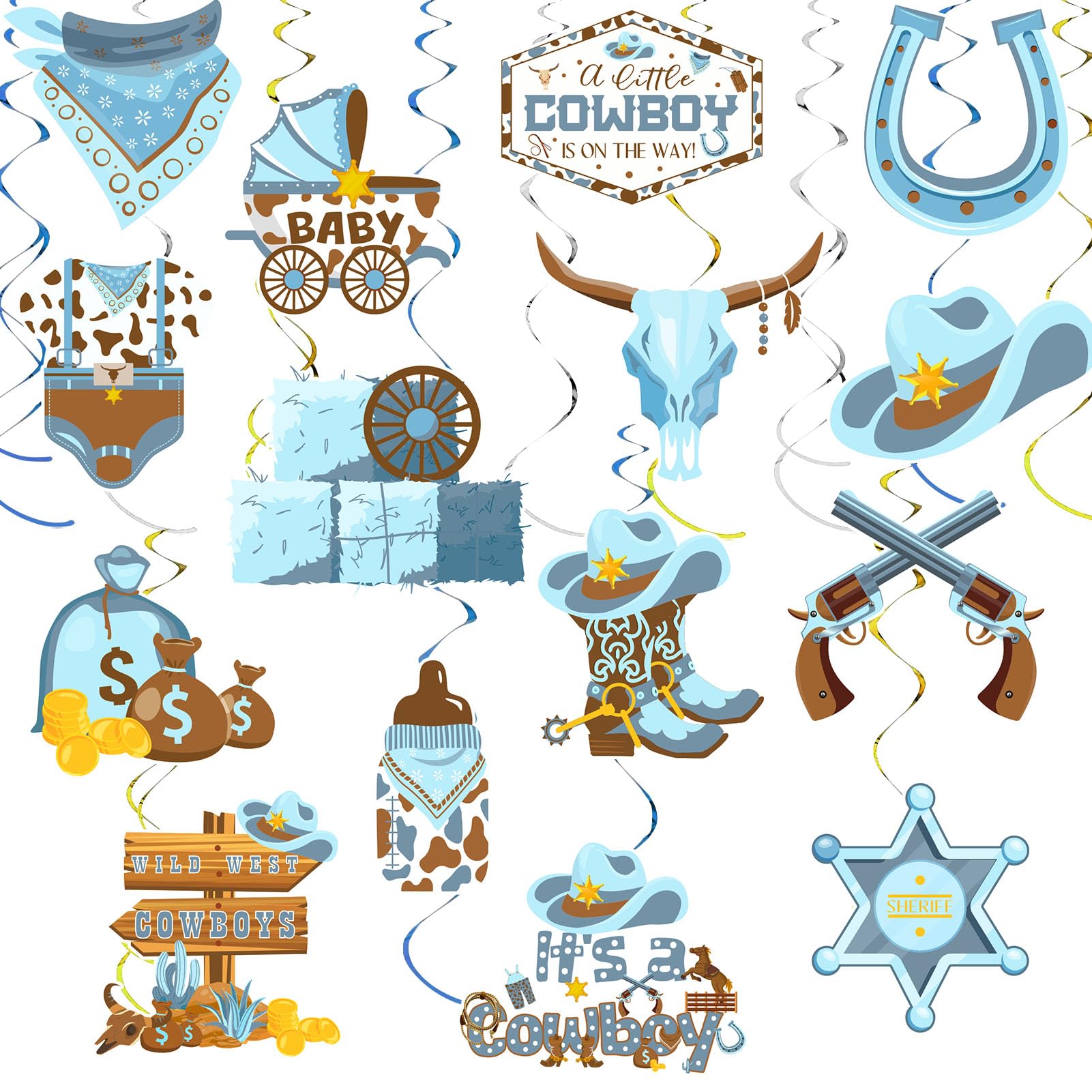 HSDSH36Pcs Cowboy Baby Shower Themed Party Hanging Swirl Wild Western Birthday Decor Cowboy Themed Party Swirls Streamers Supplies for Boys Baby Shower Ceiling Decorations