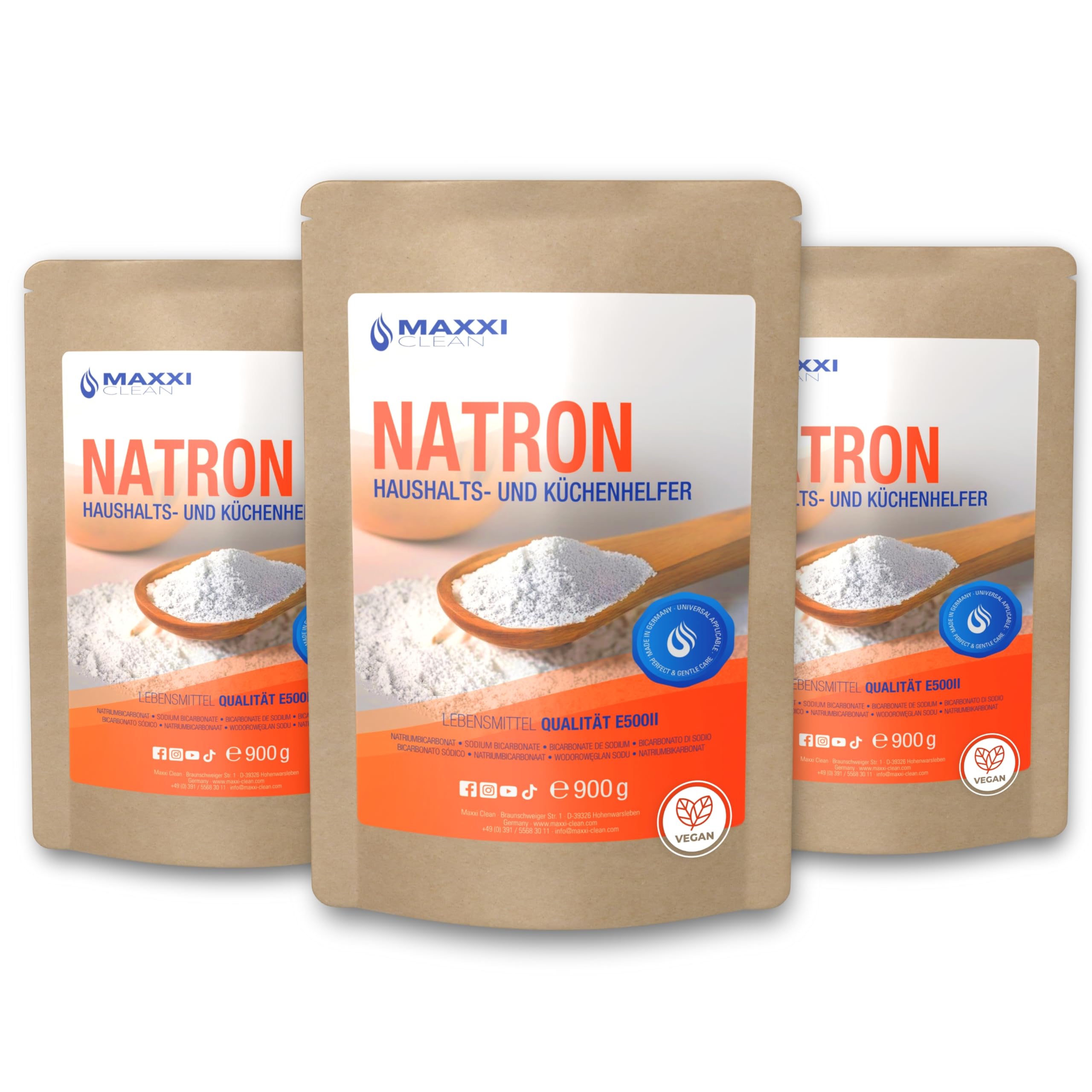 Maxxi Clean 3 x 900 g Natron Pulver I Natriumhydrogencarbonat in Lebensmittelqualität I hochrein und geruchsneutral I ideal zum Backen, Reinigen und für vielseitige Körperpflege Anwendungen zuhause