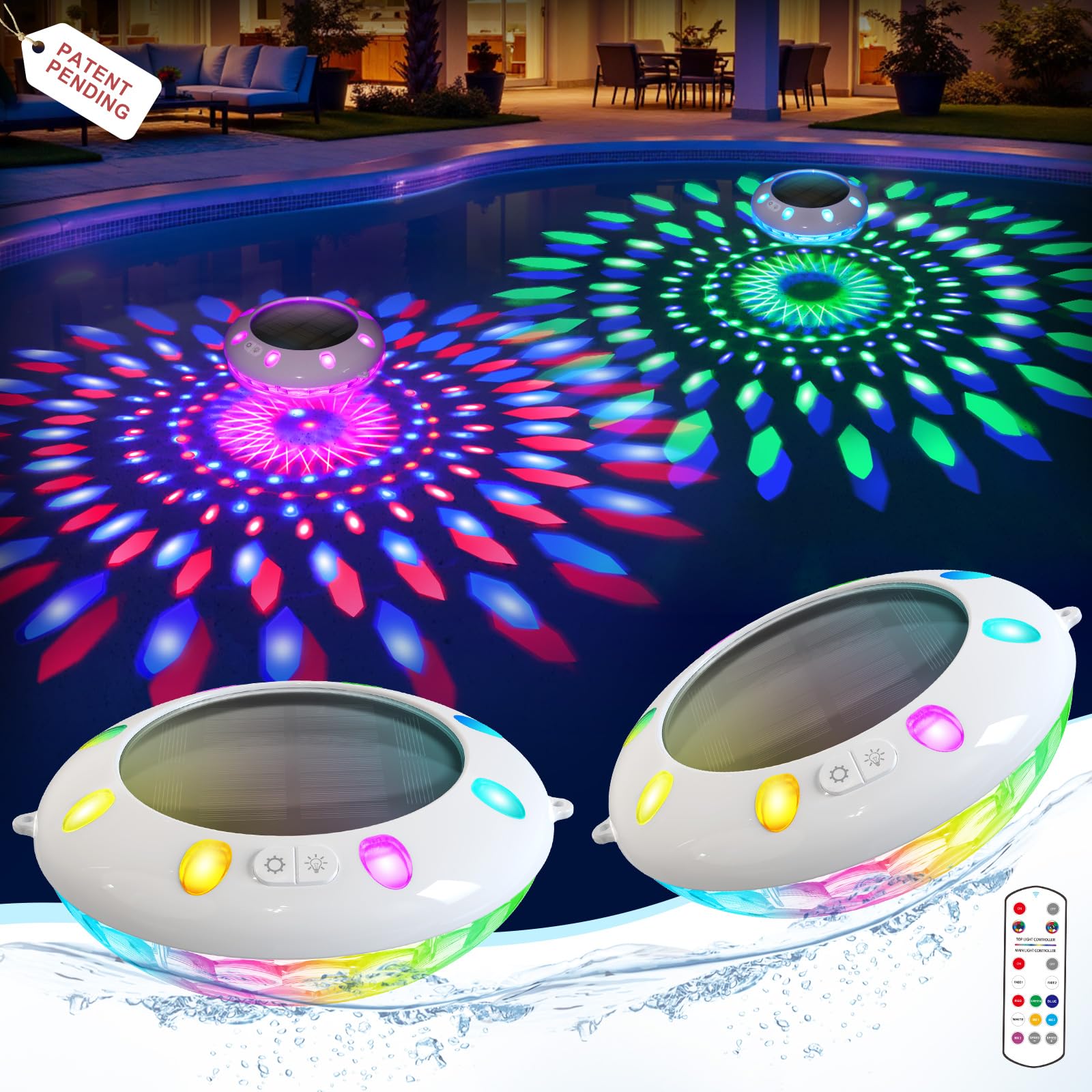 AearKing Schwimmende Poolleuchten mit Fernbedienung,Pool Lichter Schwimmend Solar mit RGB-Lichteffekten,Oberer und unterer Farbwechsel,IP68 Wasserdichte Pool beleuchtung für Teiche und Pools – 2 Stück