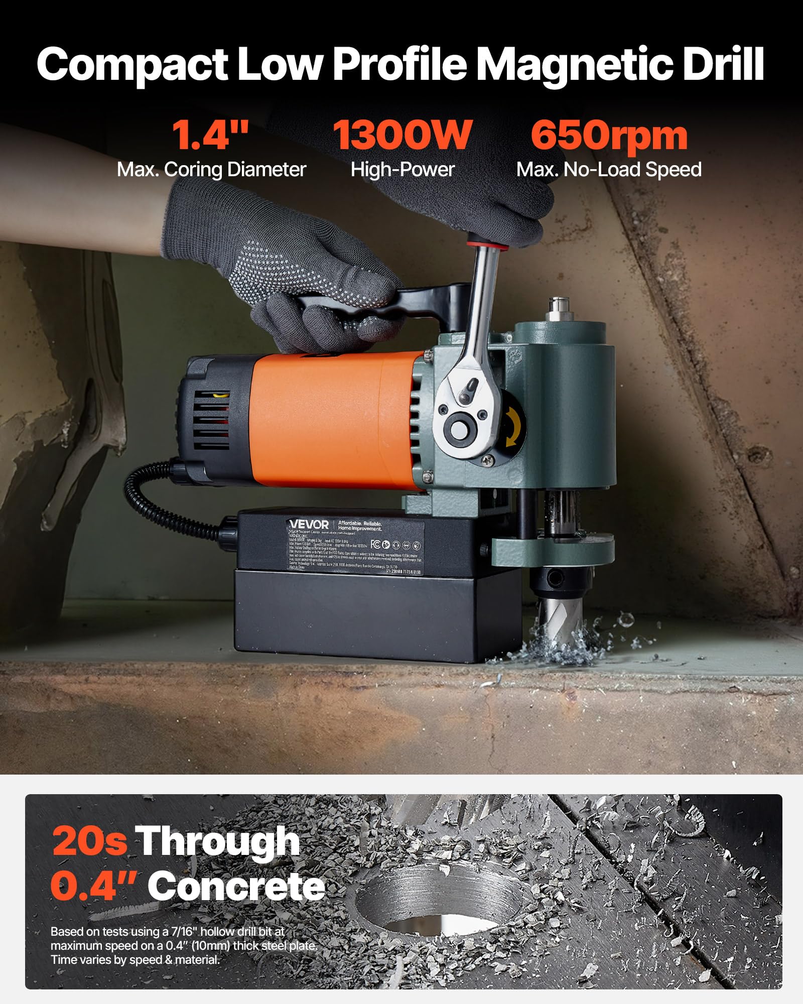 VEVOR Trapano a Colonna Magnetico a Basso Profilo 1300 W, Diametro di Foratura 35 mm, Potenza 10000 N, Trapano Magnetico Portatile con Attacco, per Superfici Metalliche, Fai-da-te