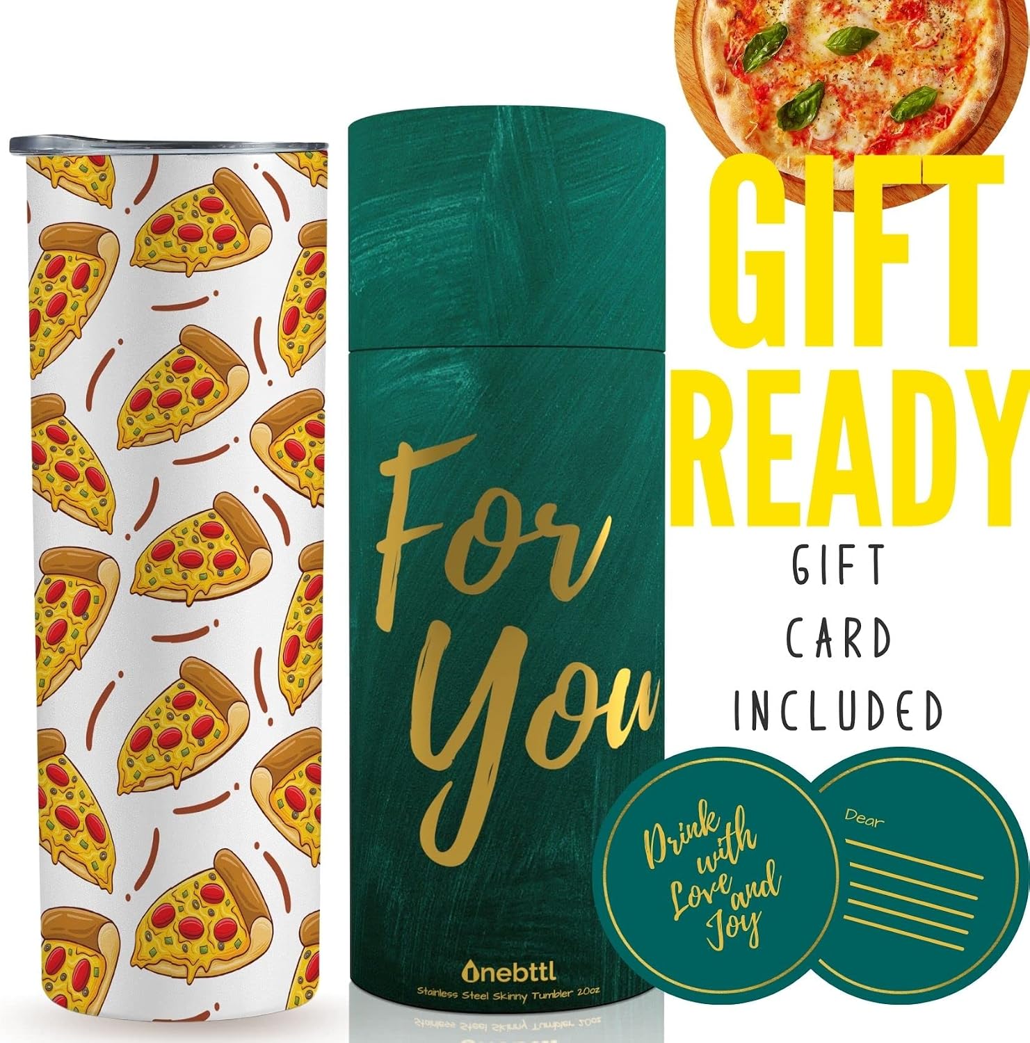 Onebttl Pizza Gifts for Pizza Lover Women, Seamless Pizza Pattern, Gift for Coworkers, Sisters, 20oz Skinny Tumbler with Lid and Straw, White