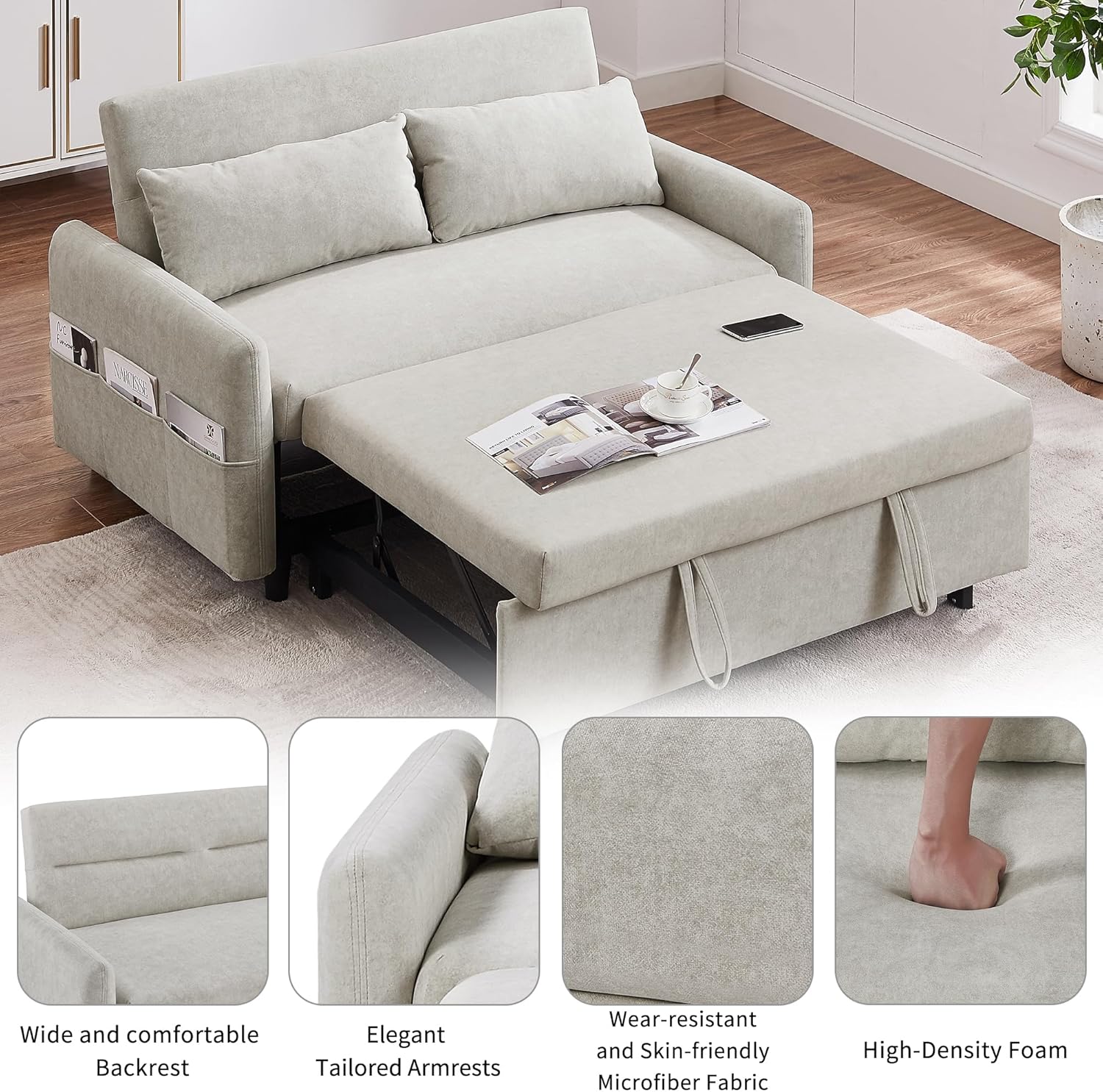 Merax 55.1" W Convertible Sofa Bed with Adjustable Backrest,2 Pillows,USB Ports and 6 Storage Side Pockets,Pull-Out Sleeper Sofabed Microfiber Loveseat Couch for Living Room, Bedroom, Apartment,Beige