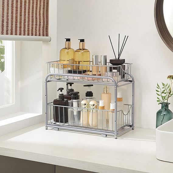 SONGMICS 2-Tier Pull Out Cabinet Organizers, Under Sink Organizer, Bathroom Organizer and Storage, Sliding Basket Drawers, Stackable for Kitchen, Bathroom, Metallic Silver UKCS017E01