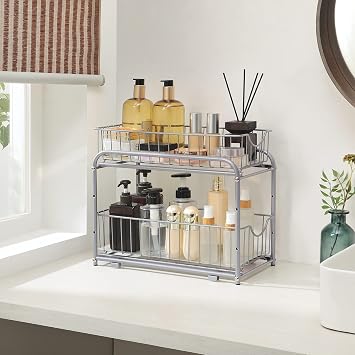 SONGMICS 2-Tier Pull Out Cabinet Organizers, Under Sink Organizer, Bathroom Organizer and Storage, Sliding Basket Drawers, Stackable for Kitchen, Bathroom, Metallic Silver UKCS017E01