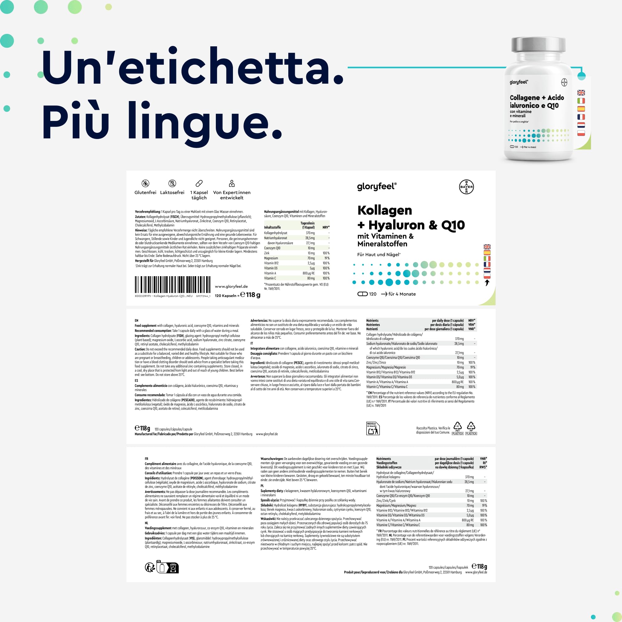 Collagene + Acido Ialuronico + Coenzima Q10, Integratore Pelle, Unghie e Capelli, Integratore Collagene Puro 120 Capsule, Con Vitamine e Minerali, Scorta di 4 Mesi