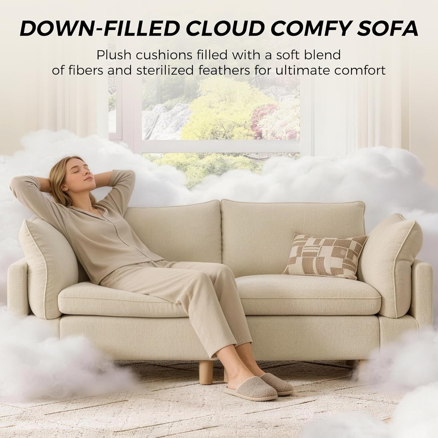 CHITA 92" Super Large Sectional Couches for Living Room, Modular Cloud Couch Sectional Sofa, Premium Fabric Couches, Down Filled, High Density Foam, Chenille in Beige, 2 Seater Loveseat