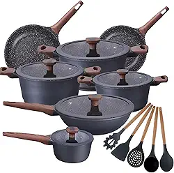 Jogo de Panelas 12 Peças Titanium Exclusive Antiaderente Granito Bkza by MTA - Conjunto Com Wok Frigideiras Caçarolas Utensílios em Silicone e Panela - Ceramic Flon Marmorizado - Espessura 5mm