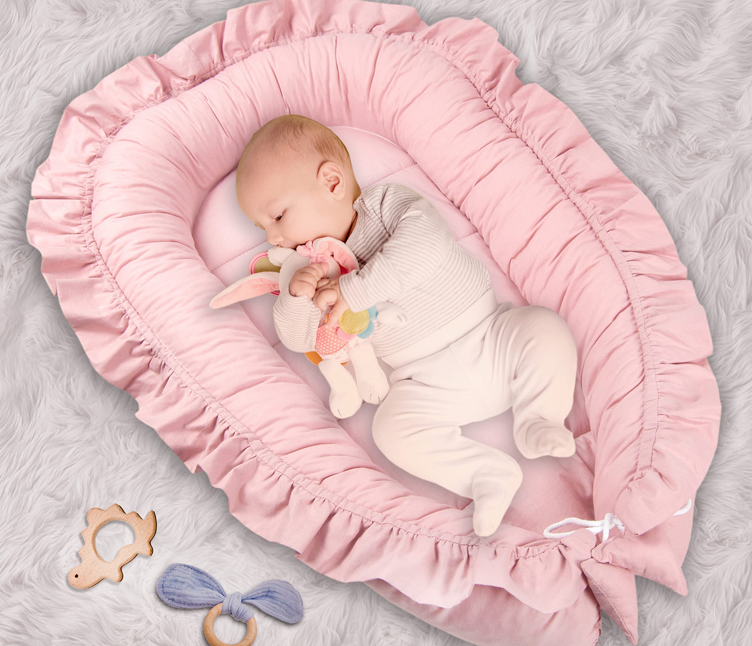 PIMKO Nido de bebé con Volantes Recién Cunas Nido para bebés Reductor de Cuna 100% Algodón babynest (Rosa con Volante)