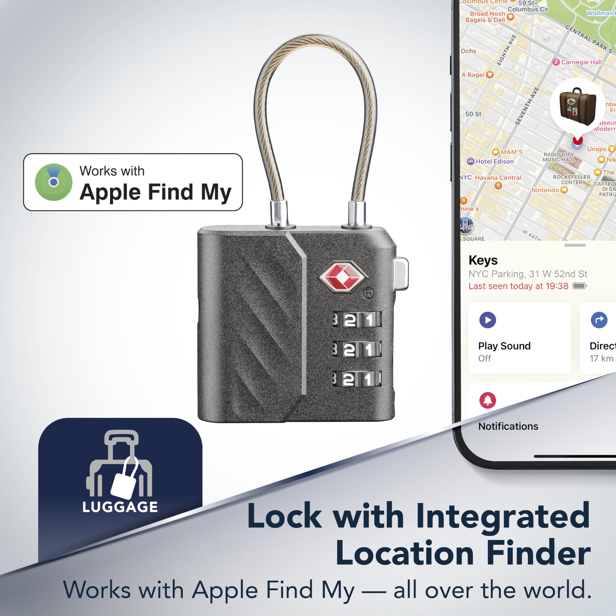 Cellularline Tracy Lock – zintegrowana kłódka z lokalizatorem, z Apple Find My Track, kompatybilna tylko z urządzeniami Apple, certyfikat TSA, szybkie ładowanie USB-C, kolor czarny